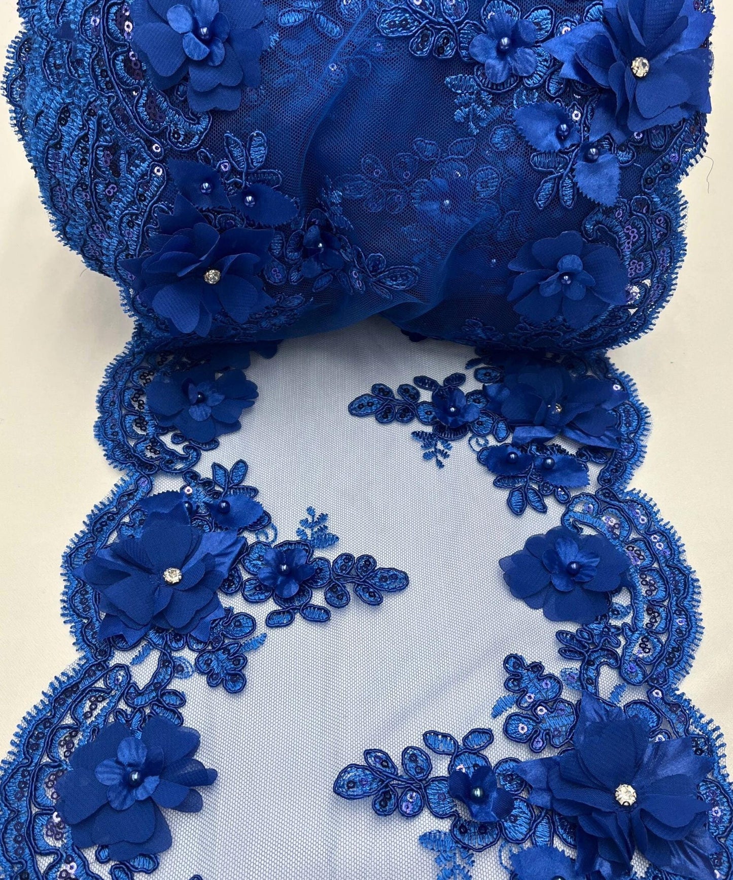 Royal Blue Floral Beaded Lace Table Runner