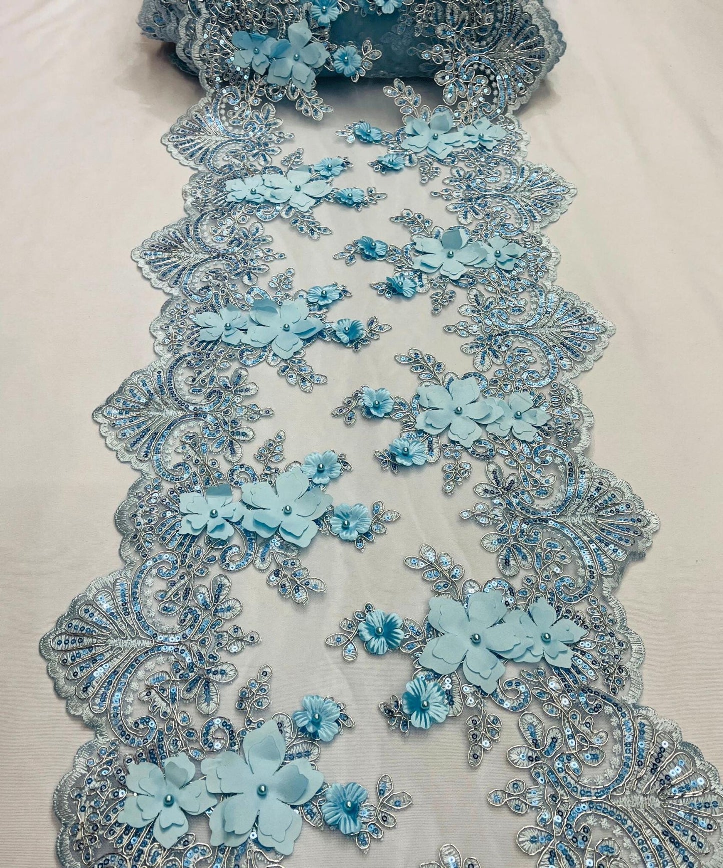 Baby Blue Beaded Lace Table Runner with Pearls and Sequins, 3D Embroideries on Lace Fabric, Trim Lace Embroidered Table Runner