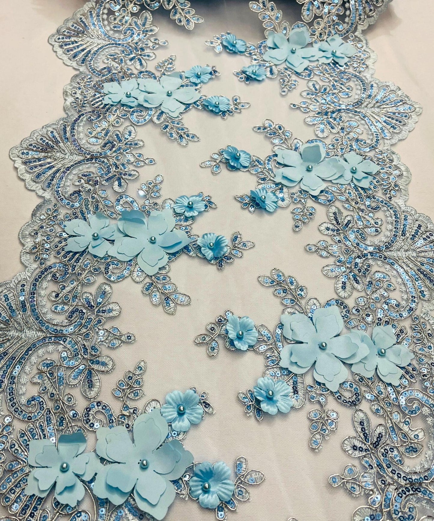 Baby Blue Beaded Lace Table Runner with Pearls and Sequins, 3D Embroideries on Lace Fabric, Trim Lace Embroidered Table Runner