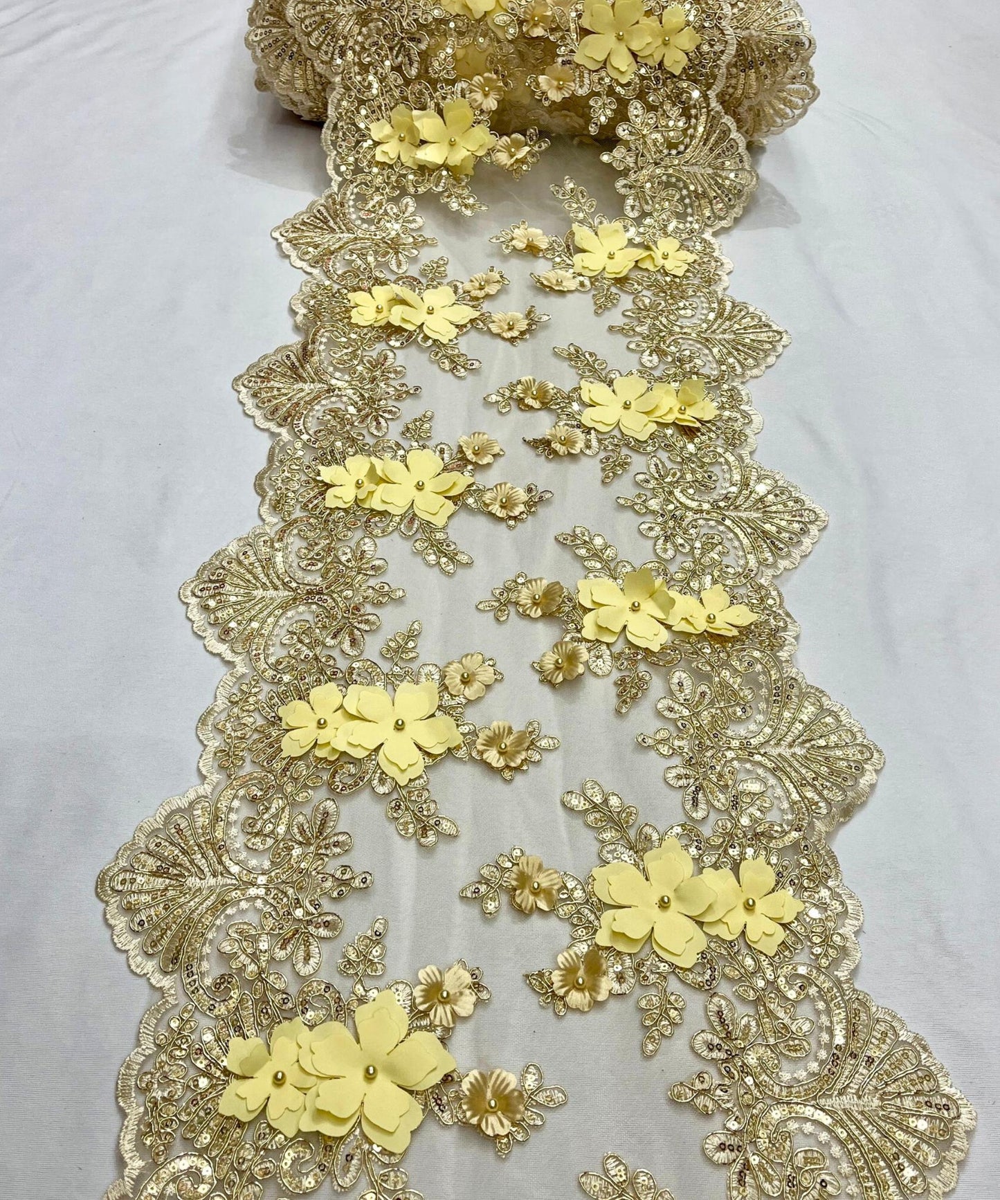 Champagne Beaded Lace Table Runner with Pearls and Sequins, 3D Embroideries on Lace Fabric, Trim Lace Embroidered Table Runner