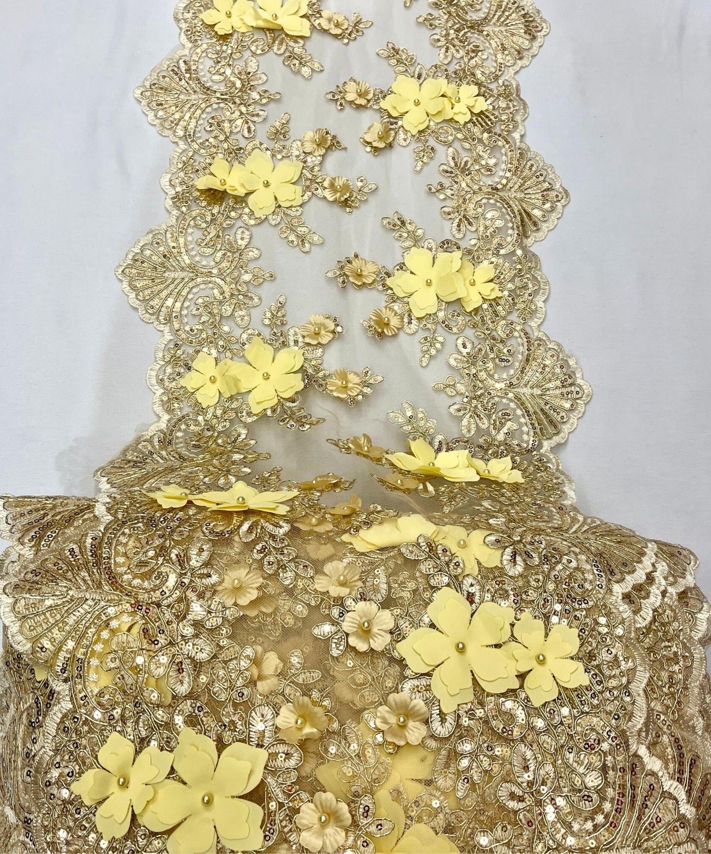 Champagne Beaded Lace Table Runner with Pearls and Sequins, 3D Embroideries on Lace Fabric, Trim Lace Embroidered Table Runner