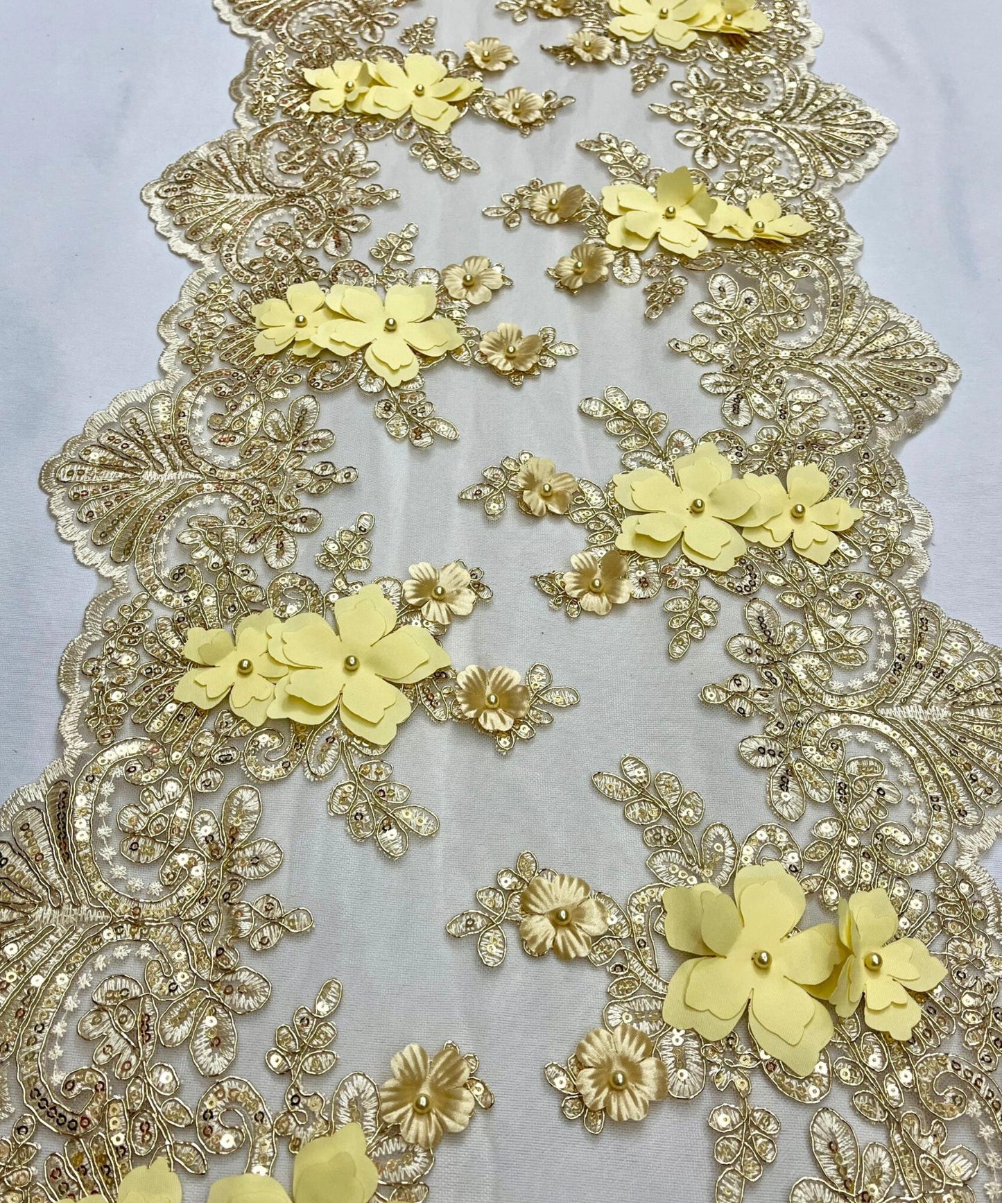 Champagne Beaded Lace Table Runner with Pearls and Sequins, 3D Embroideries on Lace Fabric, Trim Lace Embroidered Table Runner