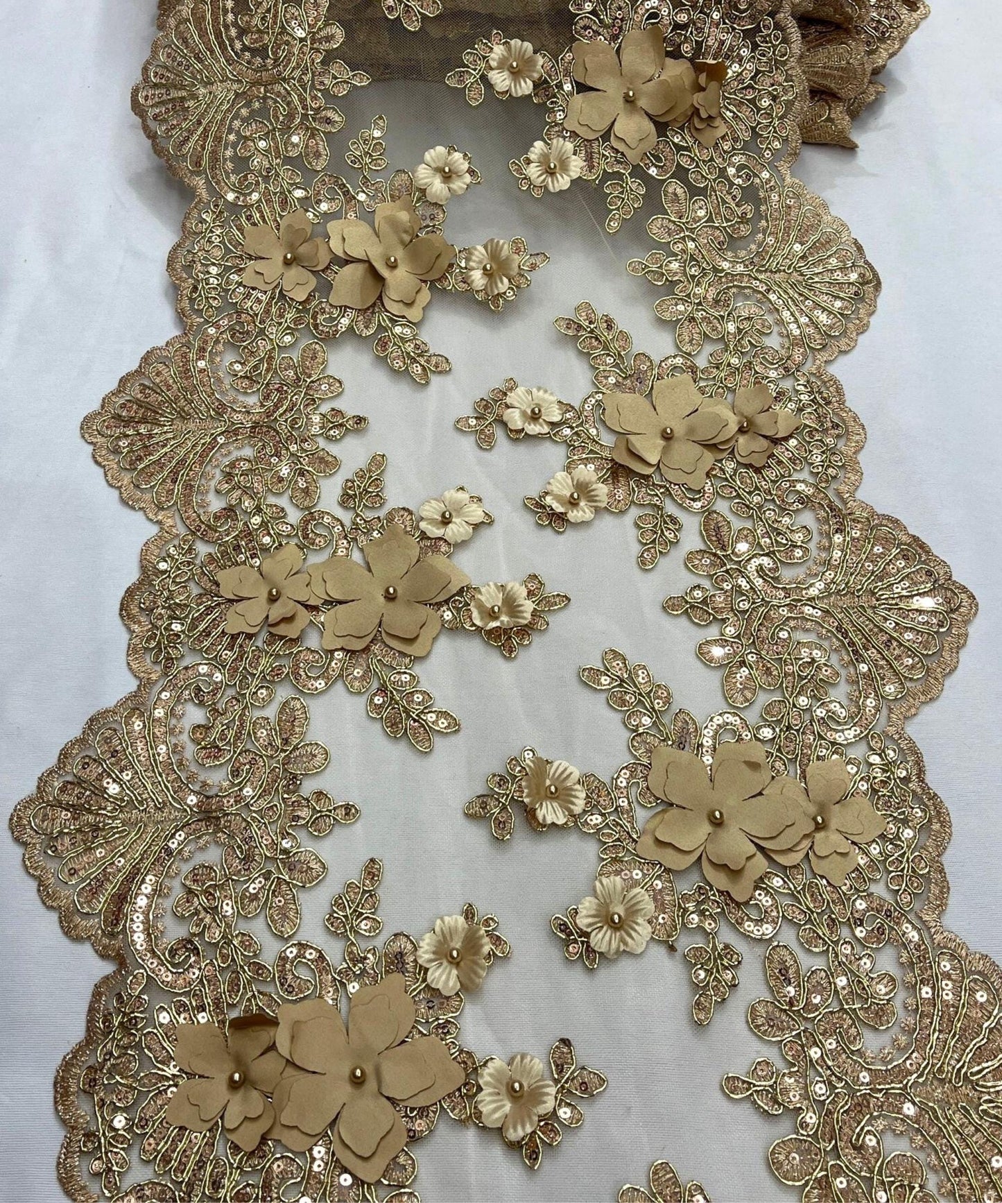 Gold Beaded Lace Table Runner with Pearls and Sequins, 3D Embroideries on Lace Fabric, Trim Lace Embroidered Table Runner