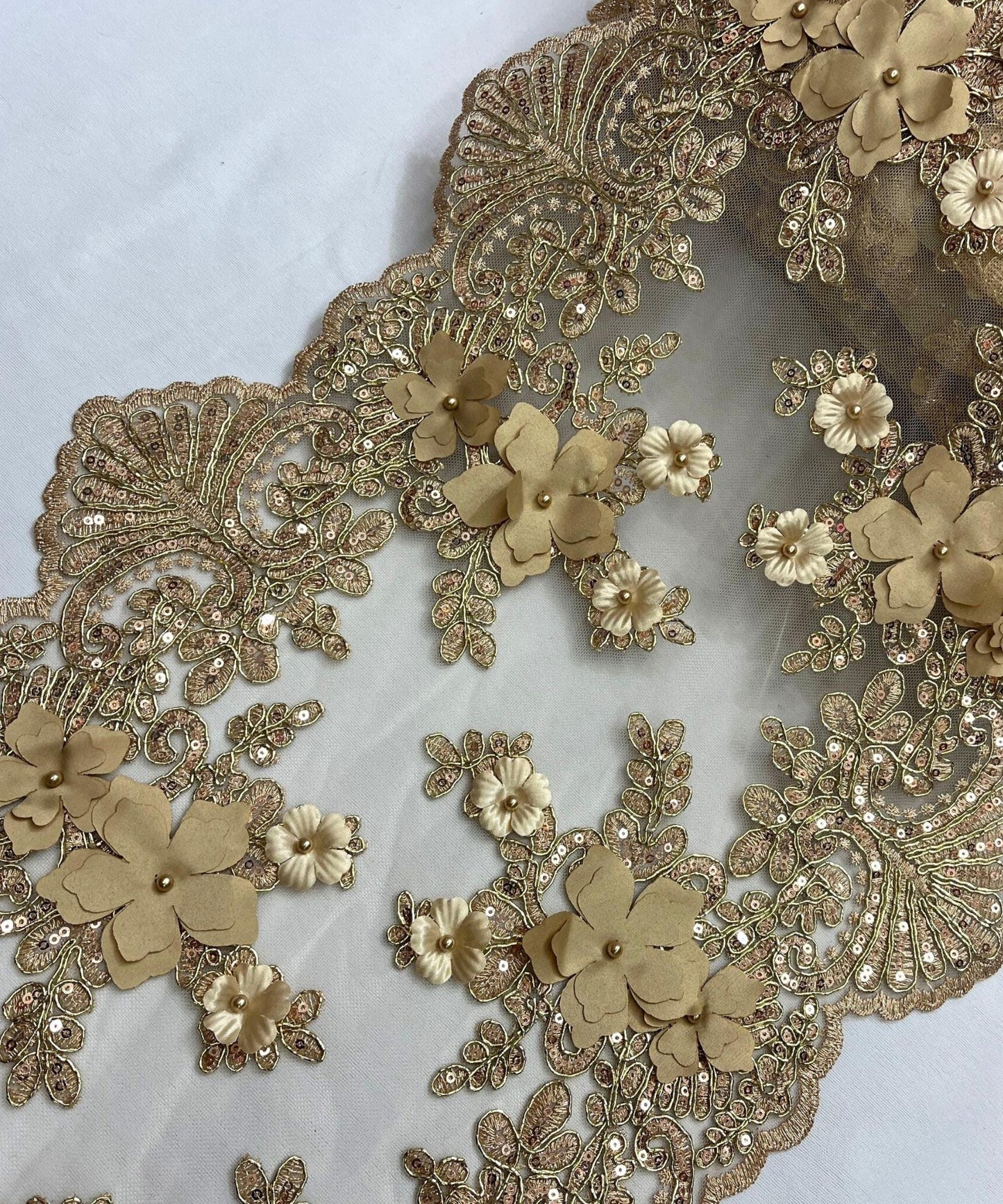 Gold Beaded Lace Table Runner with Pearls and Sequins, 3D Embroideries on Lace Fabric, Trim Lace Embroidered Table Runner