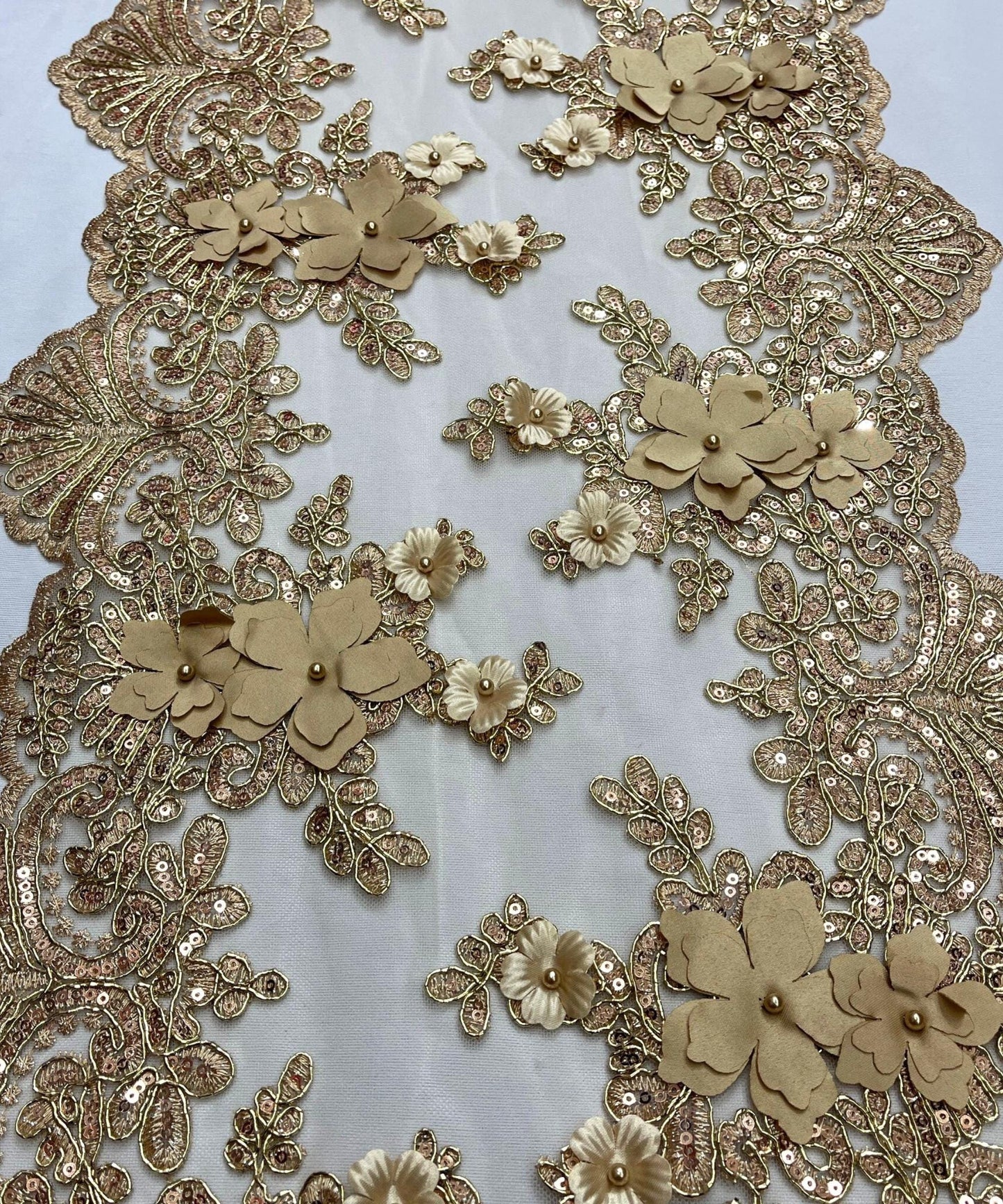 Gold Beaded Lace Table Runner with Pearls and Sequins, 3D Embroideries on Lace Fabric, Trim Lace Embroidered Table Runner