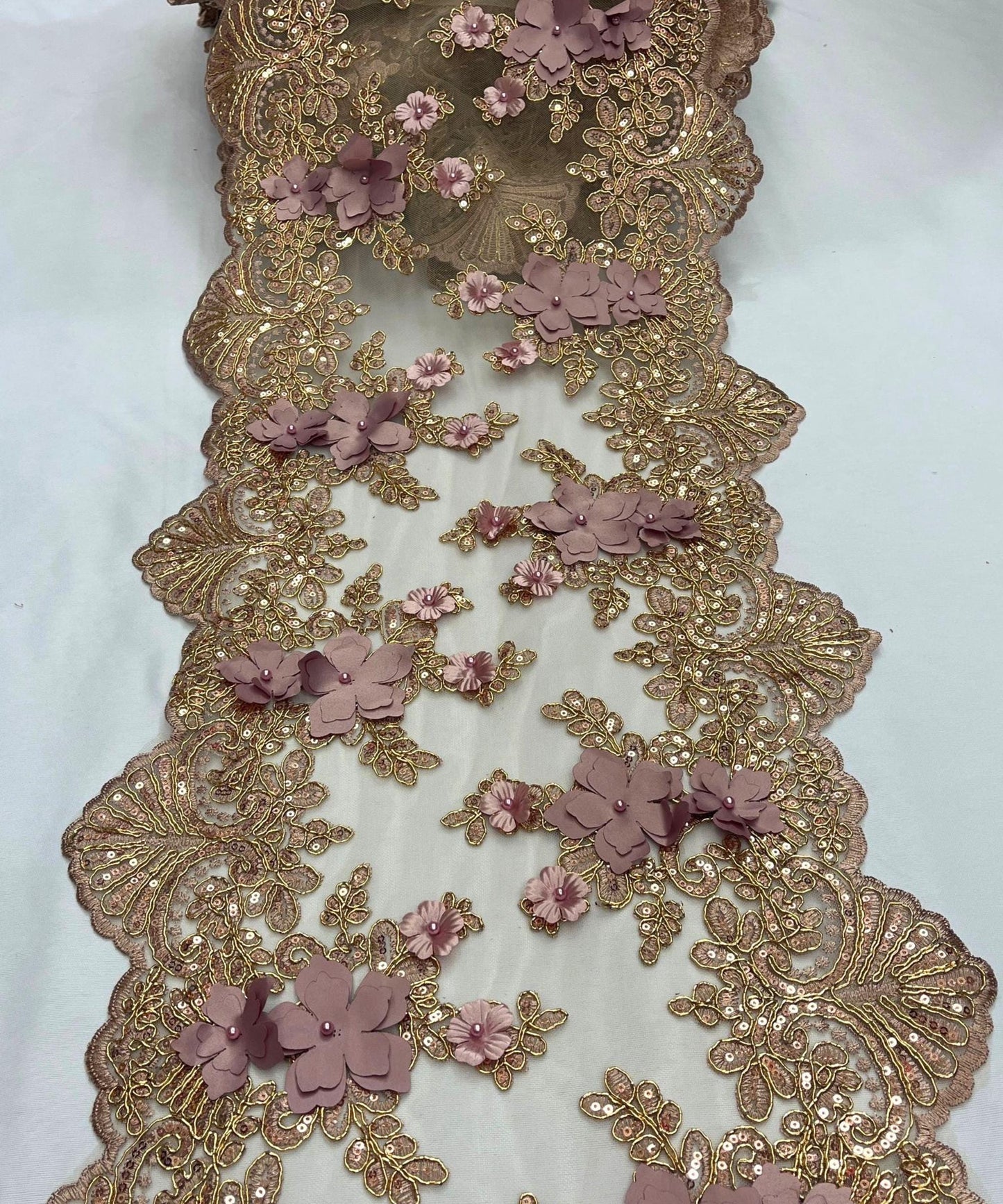 Rose Gold Beaded Lace Table Runner with Pearls and Sequins, 3D Embroideries on Lace Fabric, Trim Lace Embroidered Table Runner
