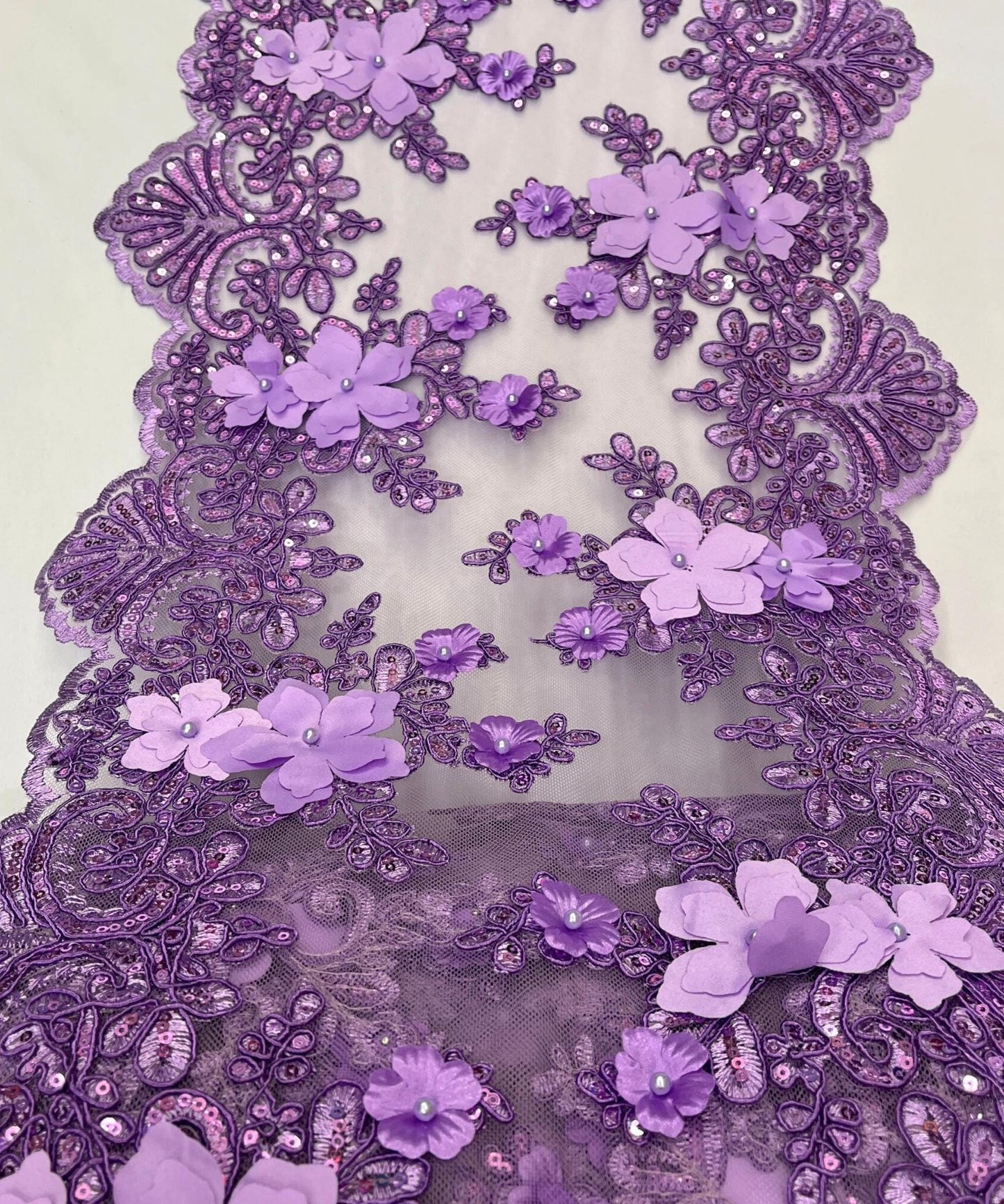 Lilac Beaded Lace Table Runner with Pearls and Sequins, 3D Embroideries on Lace Fabric, Trim Lace Embroidered Table Runner