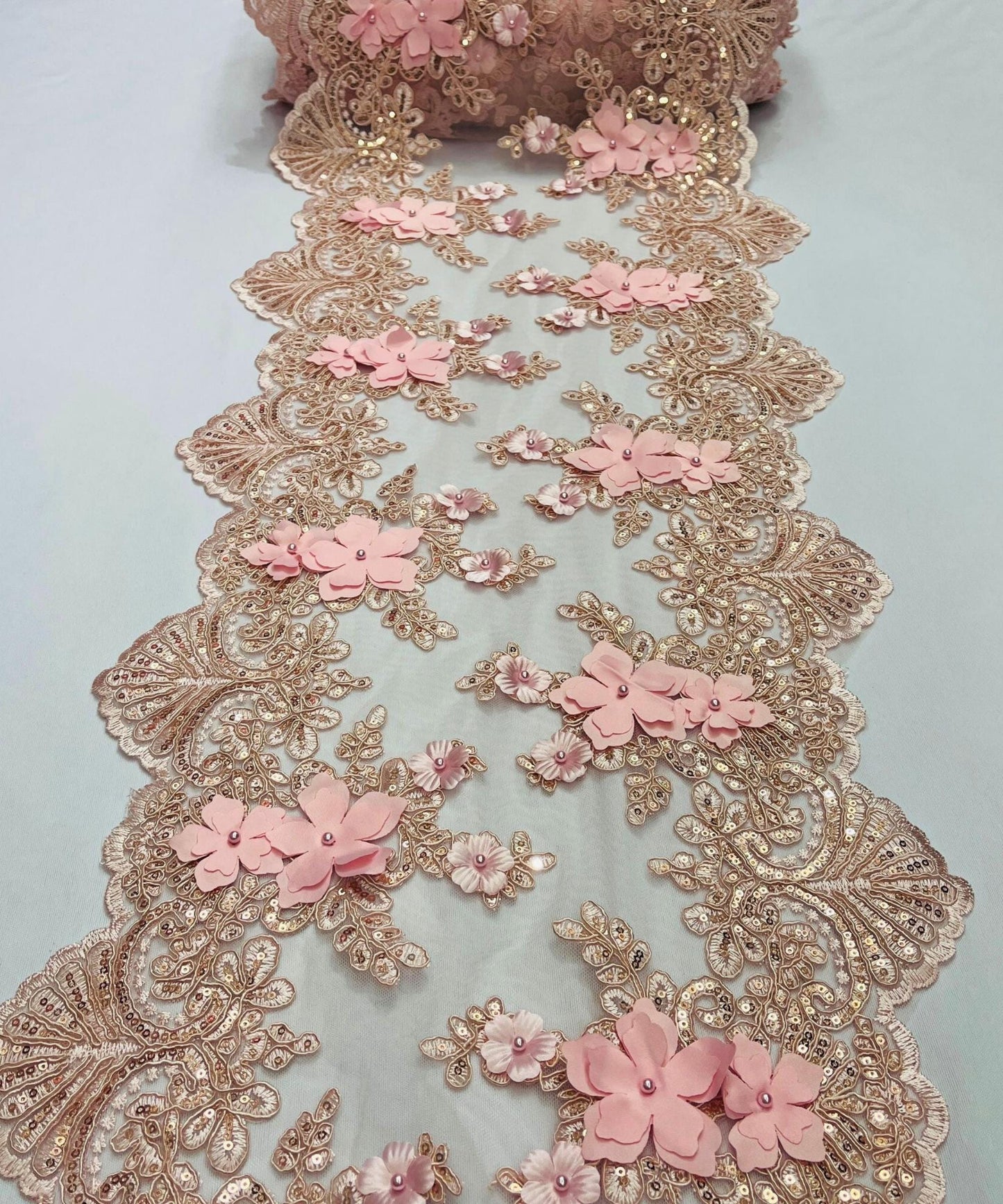 Blush Pink Beaded Lace Table Runner with Pearls and Sequins, 3D Embroideries on Lace Fabric, Trim Lace Embroidered Table Runner