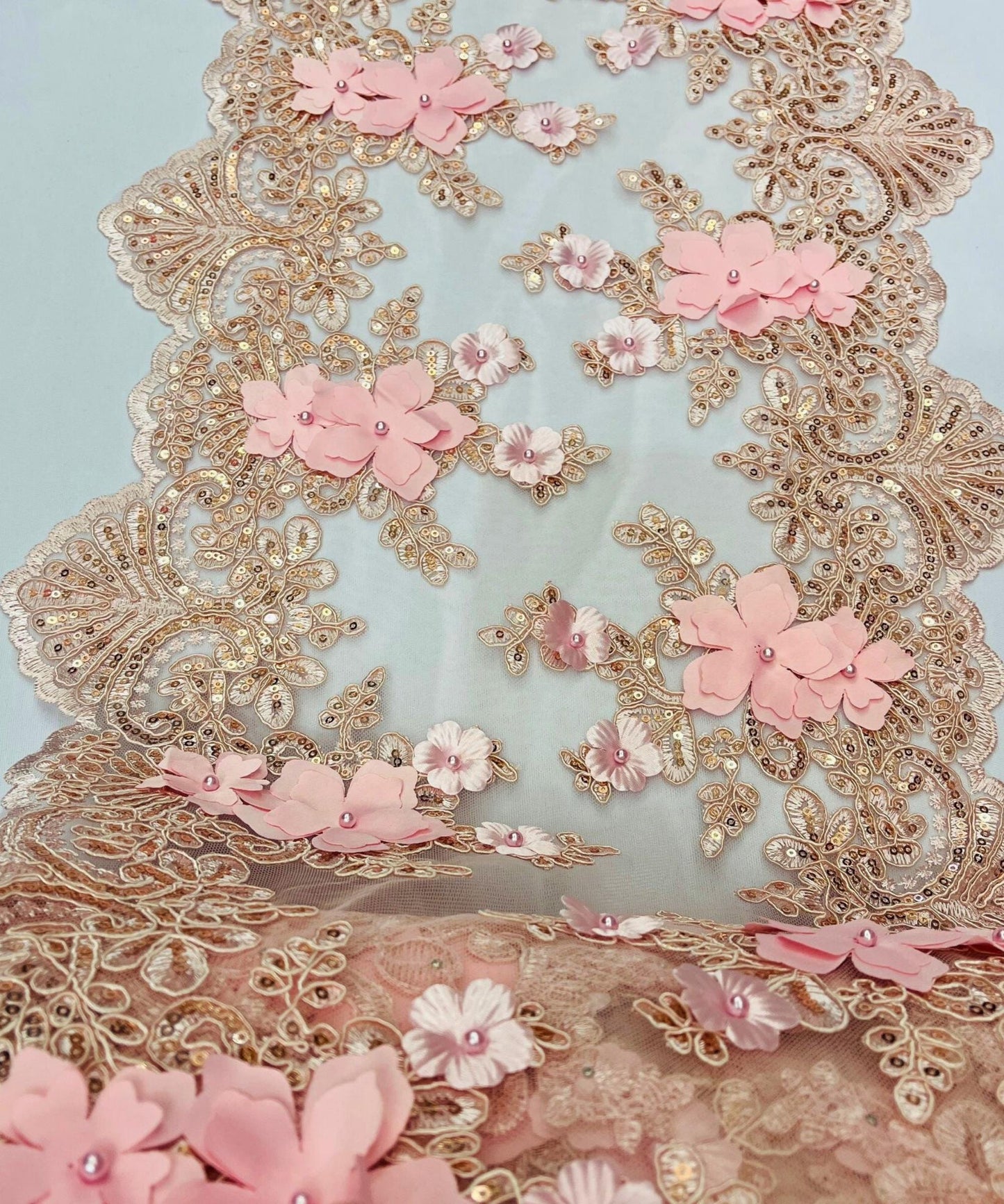 Blush Pink Beaded Lace Table Runner with Pearls and Sequins, 3D Embroideries on Lace Fabric, Trim Lace Embroidered Table Runner