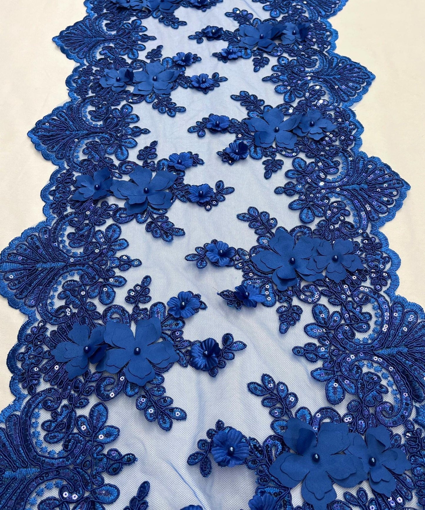 Royal Blue Beaded Lace Table Runner with Pearls and Sequins, 3D Embroideries on Lace Fabric, Trim Lace Embroidered Table Runner