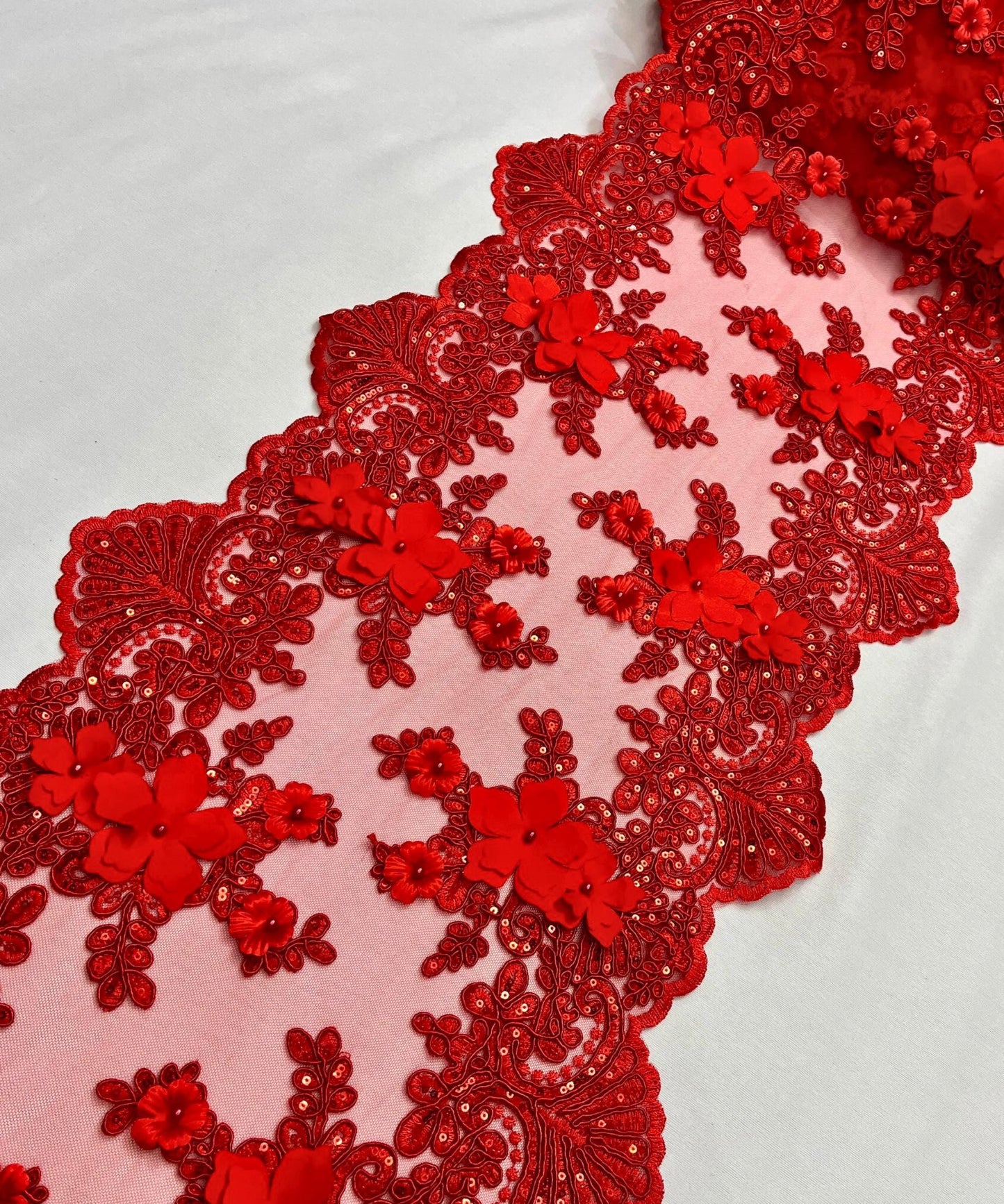 Red Beaded Lace Table Runner with Pearls and Sequins, 3D Embroideries on Lace Fabric, Trim Lace Embroidered Table Runner