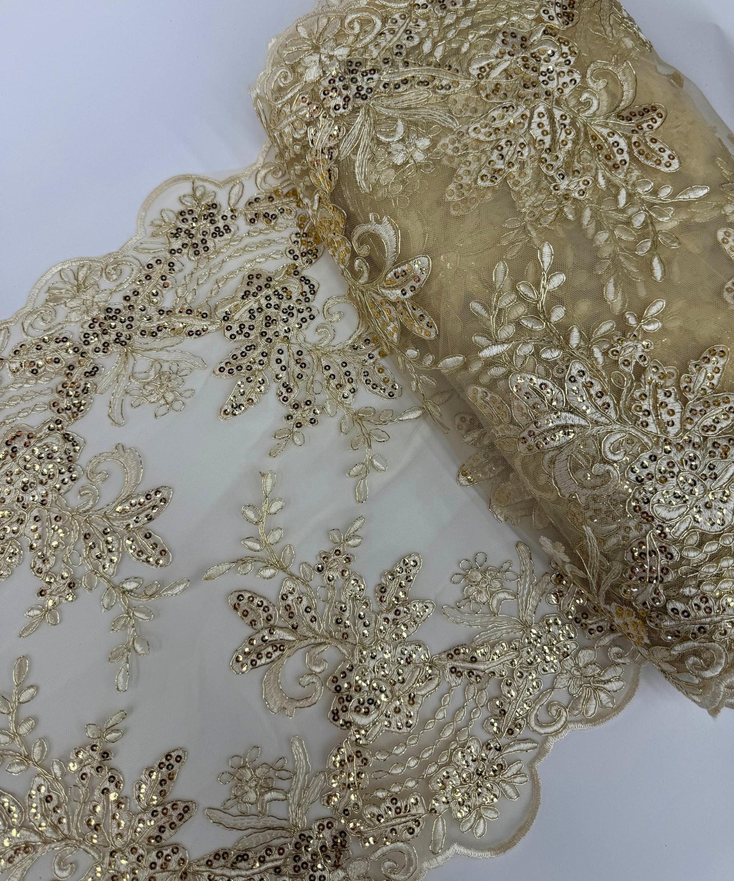 Gold Floral Lace Fabric for Table Runner, Sequins Embroidered Lace on Mesh Fabric, Trim Lace, 14" Wide Gold Embroidered Table Runner