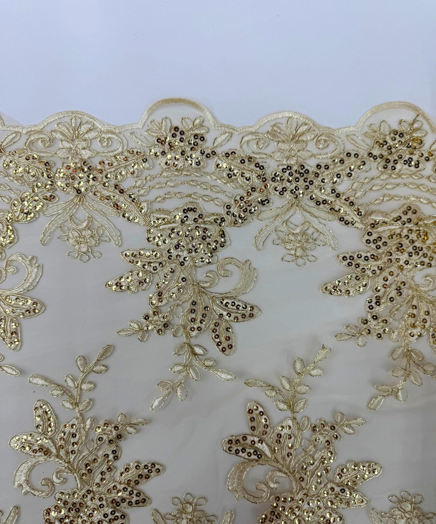 Gold Floral Lace Fabric for Table Runner, Sequins Embroidered Lace on Mesh Fabric, Trim Lace, 14" Wide Gold Embroidered Table Runner