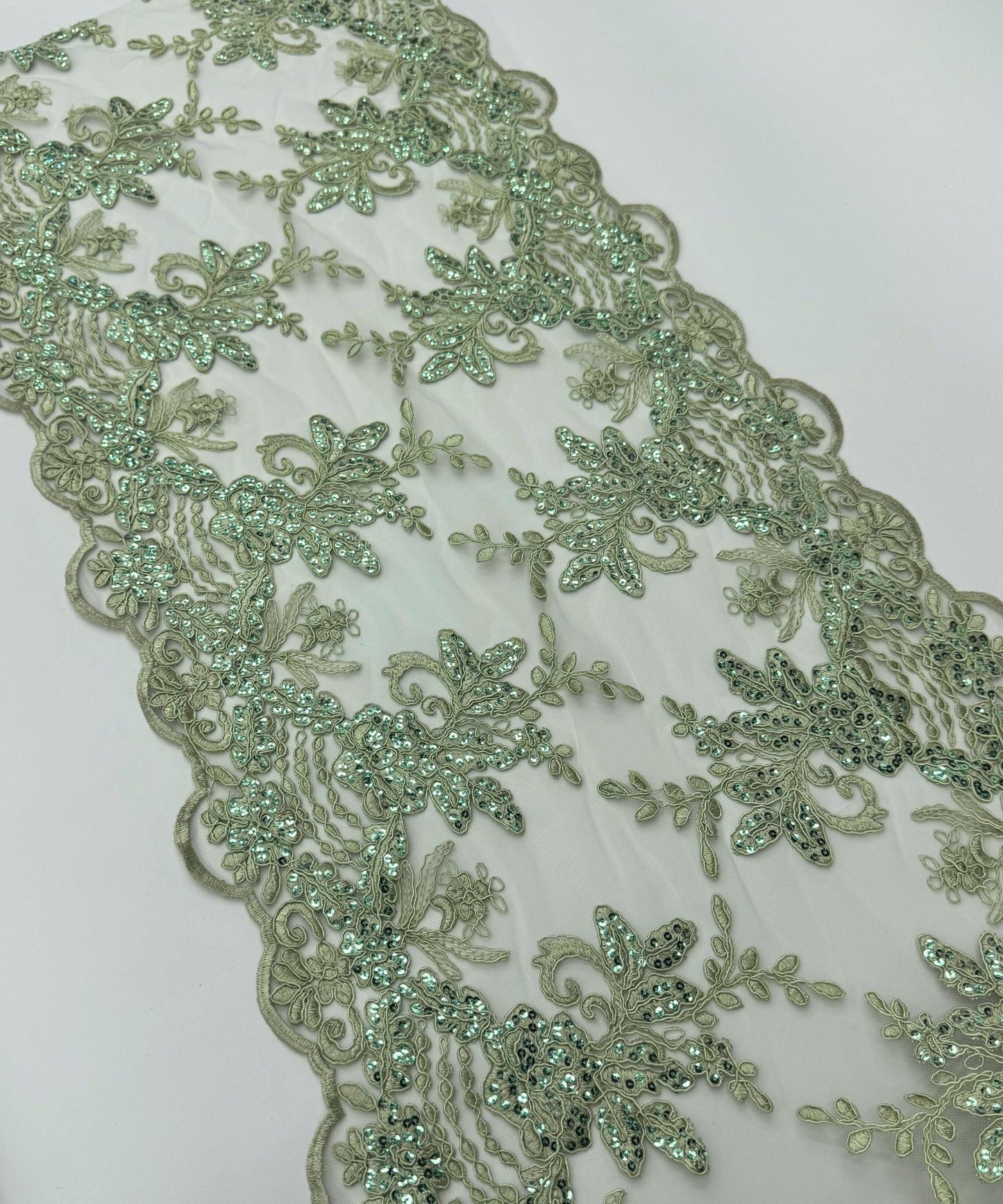 Sage Sequin Lace Fabric for Table Runner