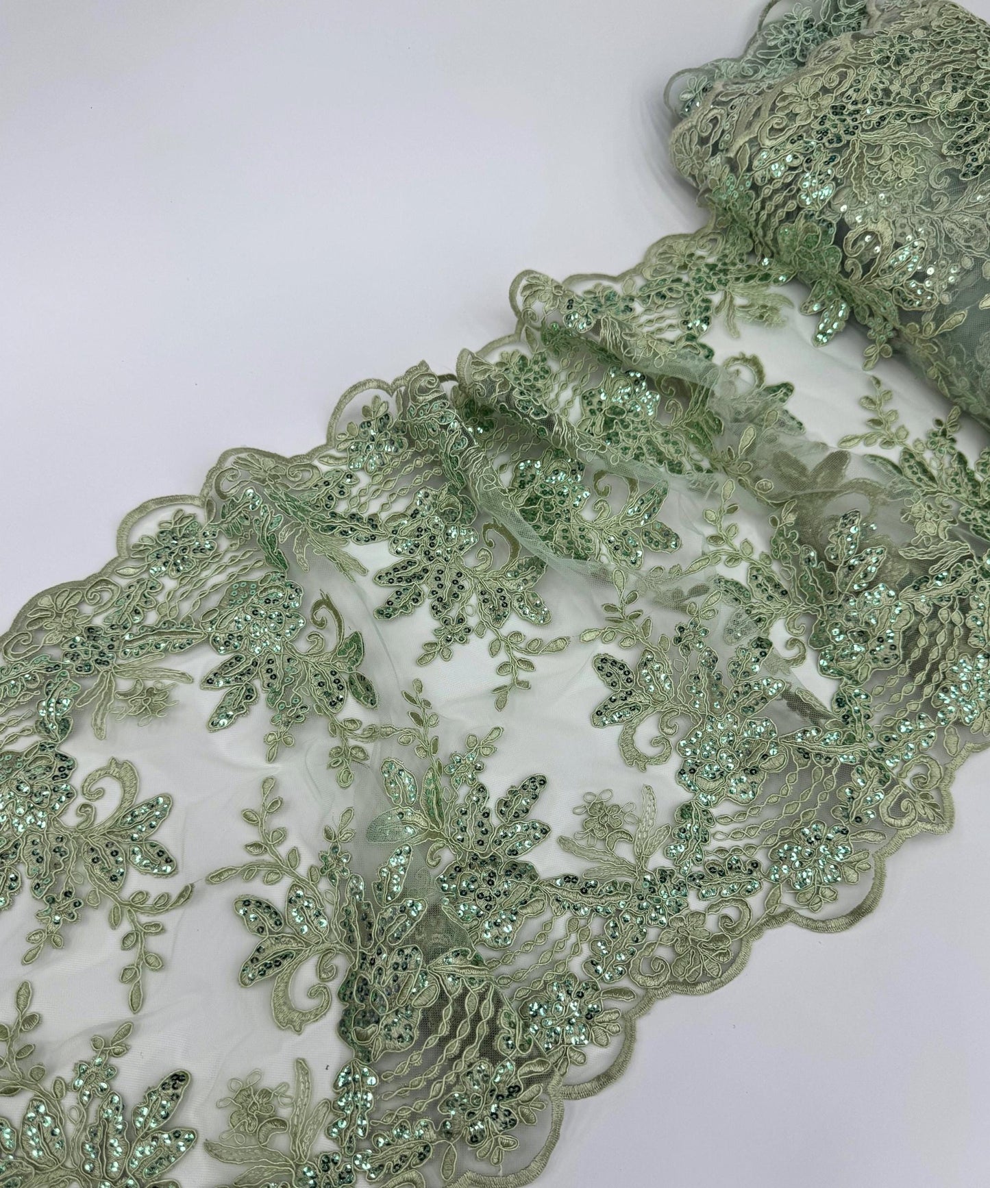 Sage Sequin Lace Fabric for Table Runner