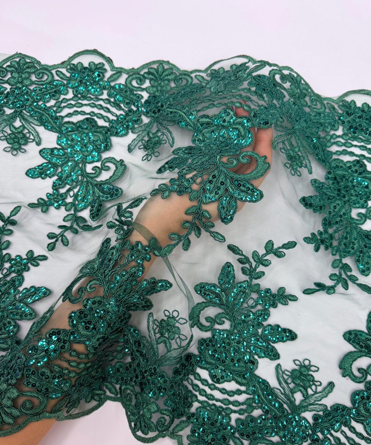 Hunter Green Sequin Lace Fabric for Table Runner