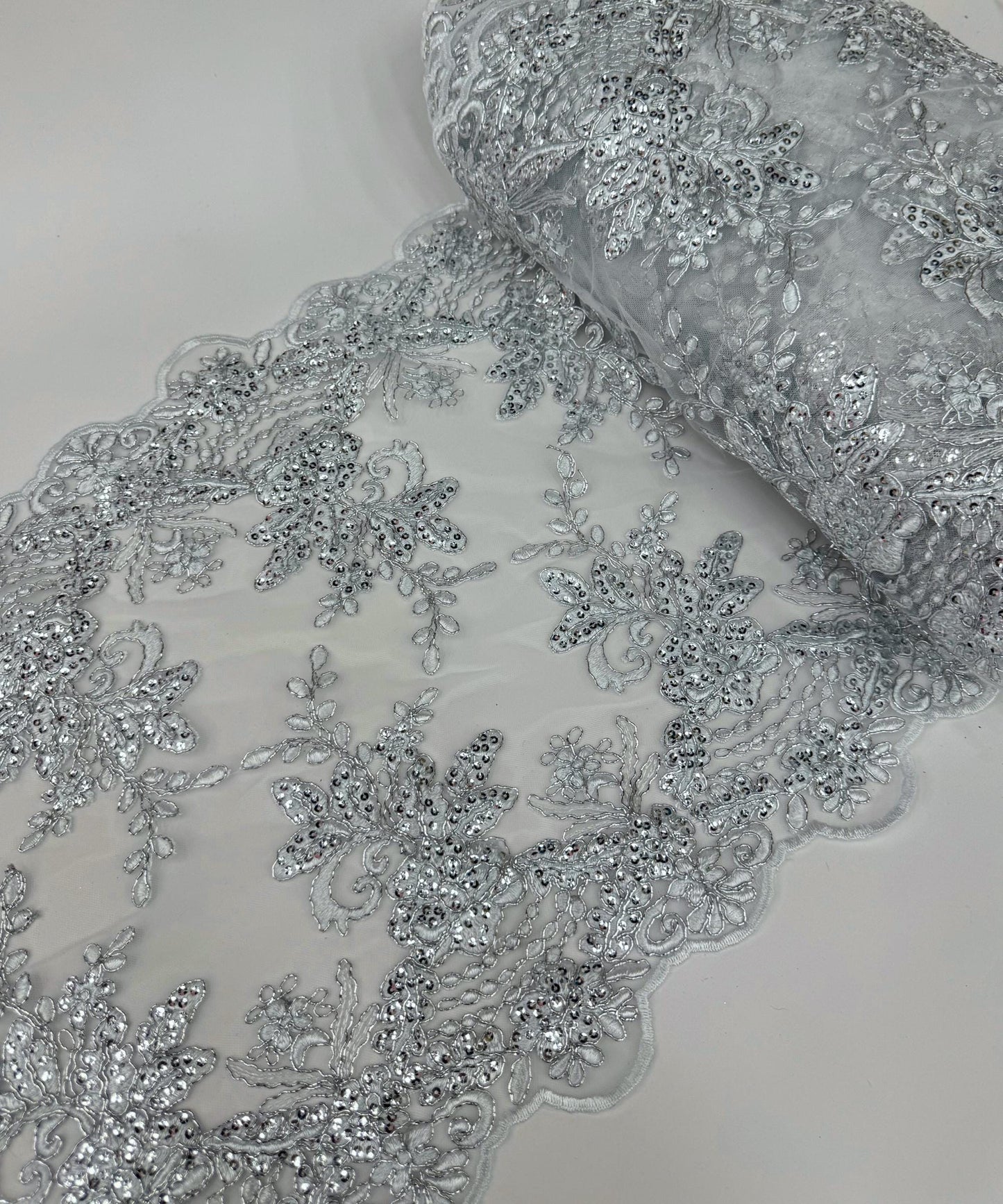 Silver Floral Sequin Lace Fabric for Table Runner