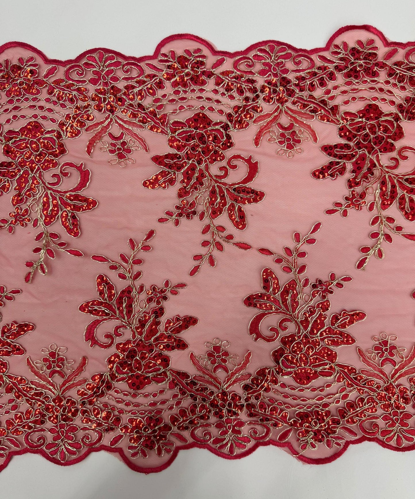 Red Lace Fabric for Table Runner, Sequins Embroidered Lace on Mesh Fabric, Trim Lace, 14" Wide Red Embroidered Scalloped Table Runner