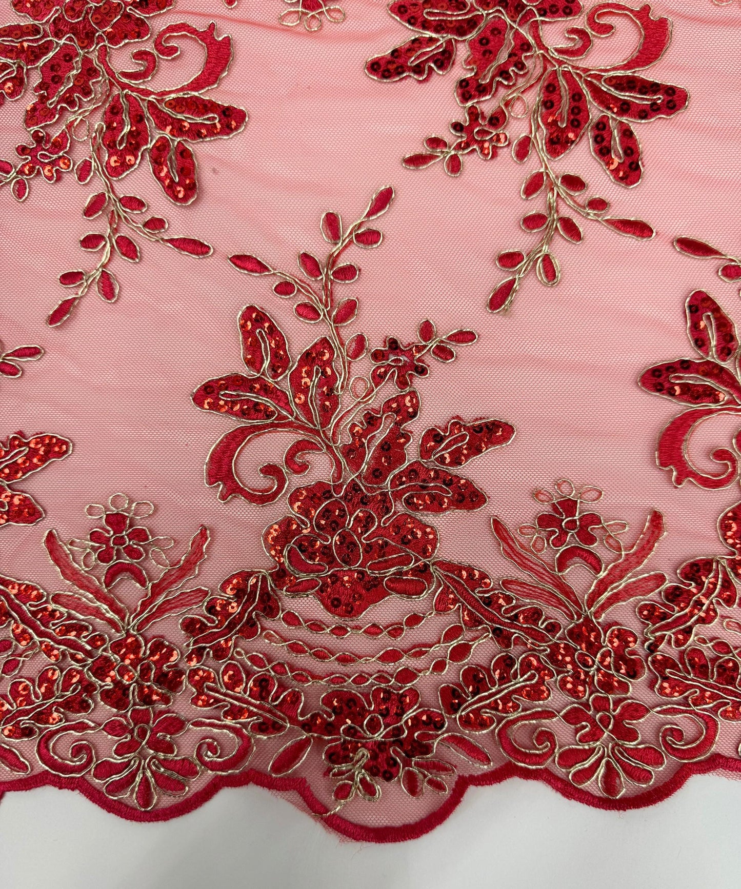 Red Lace Fabric for Table Runner, Sequins Embroidered Lace on Mesh Fabric, Trim Lace, 14" Wide Red Embroidered Scalloped Table Runner