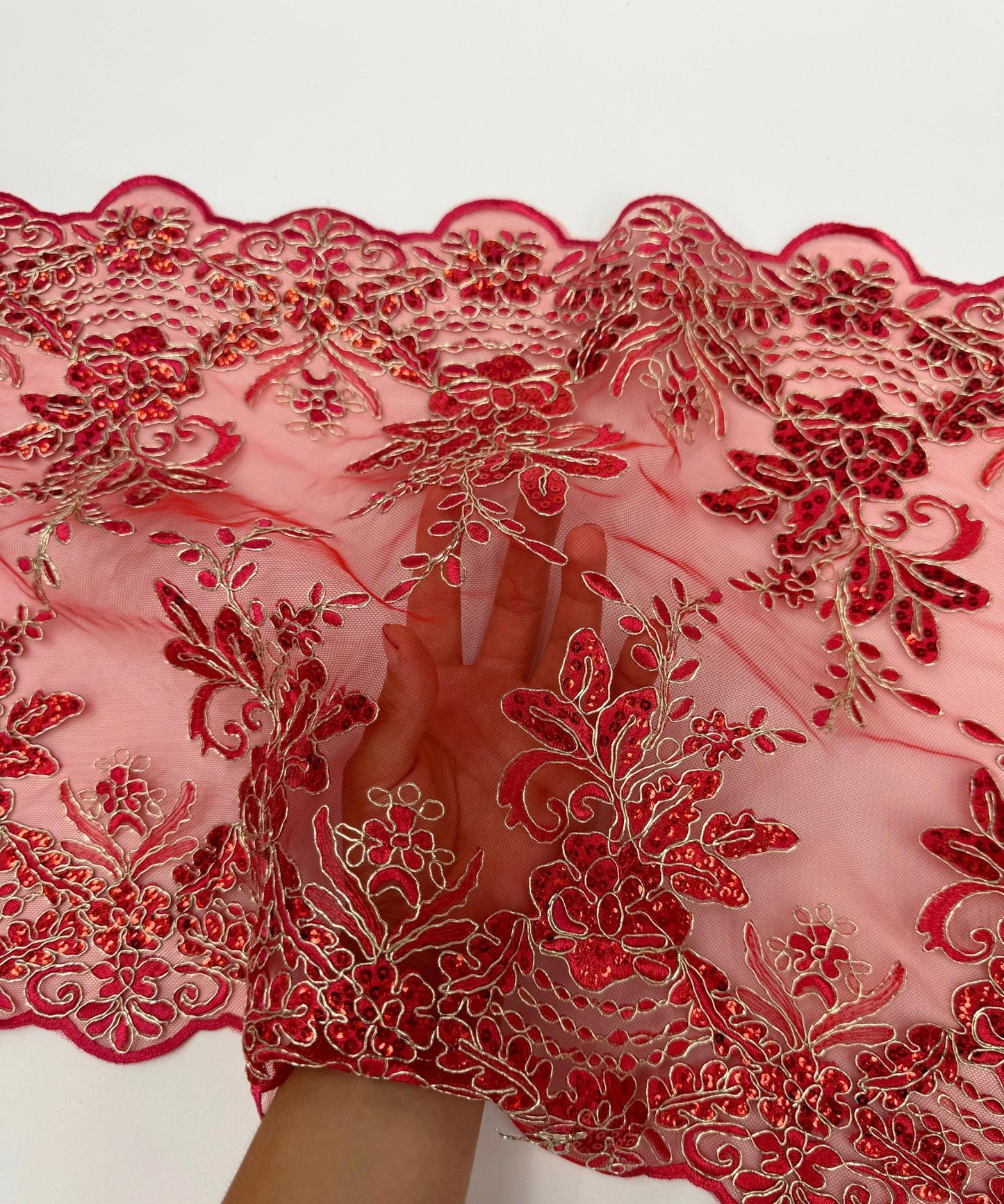 Red Lace Fabric for Table Runner, Sequins Embroidered Lace on Mesh Fabric, Trim Lace, 14" Wide Red Embroidered Scalloped Table Runner