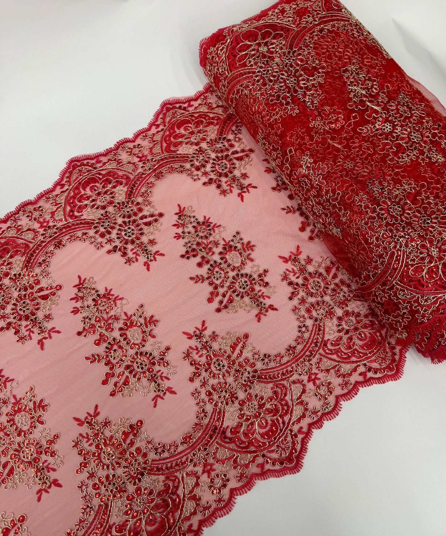 Red Sequin Lace Fabric for Table Runner