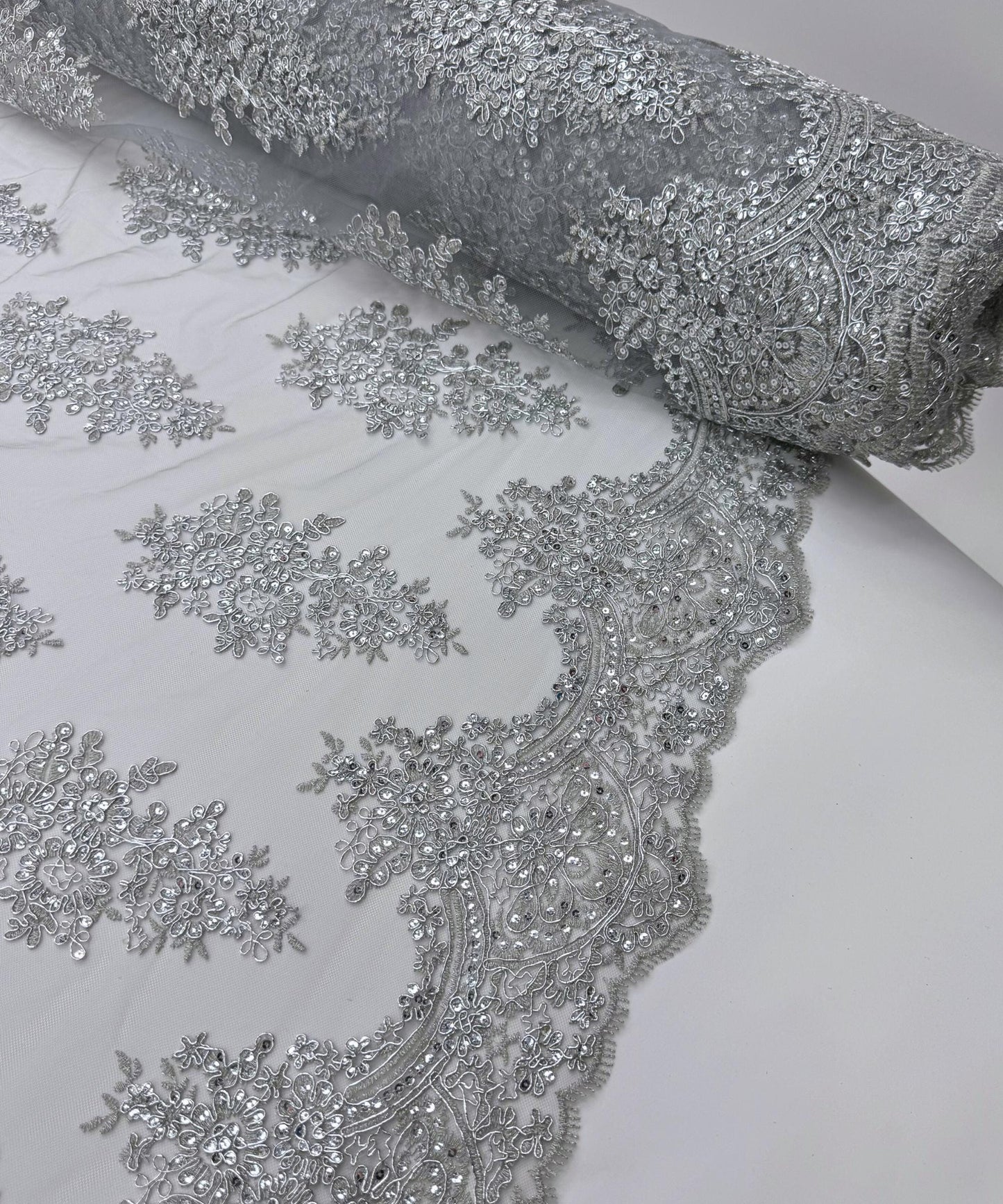 Silver Embroidered Floral Bridal Lace