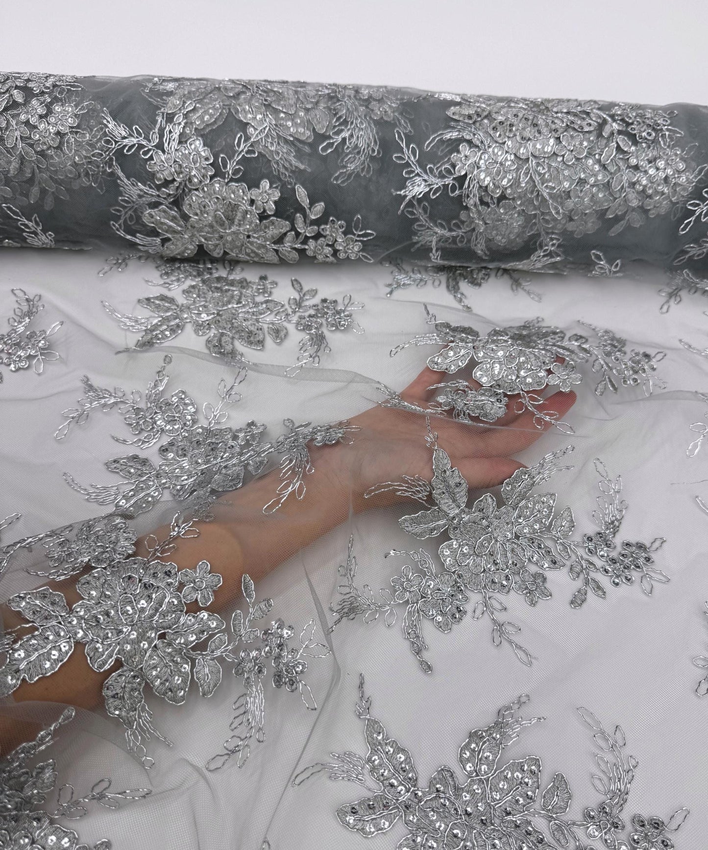 Silver Embroidered Floral Bridal Lace