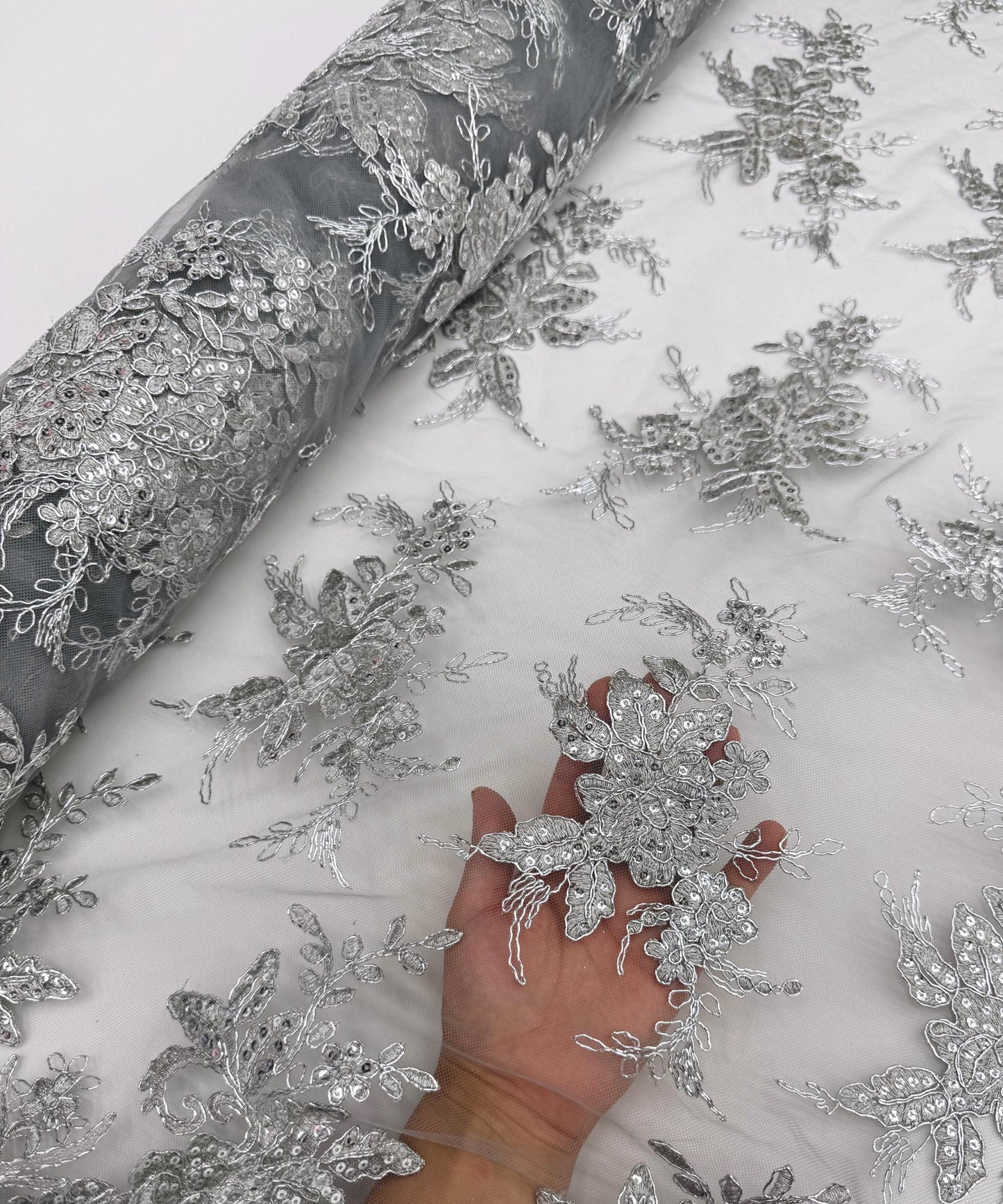 Silver Embroidered Floral Bridal Lace