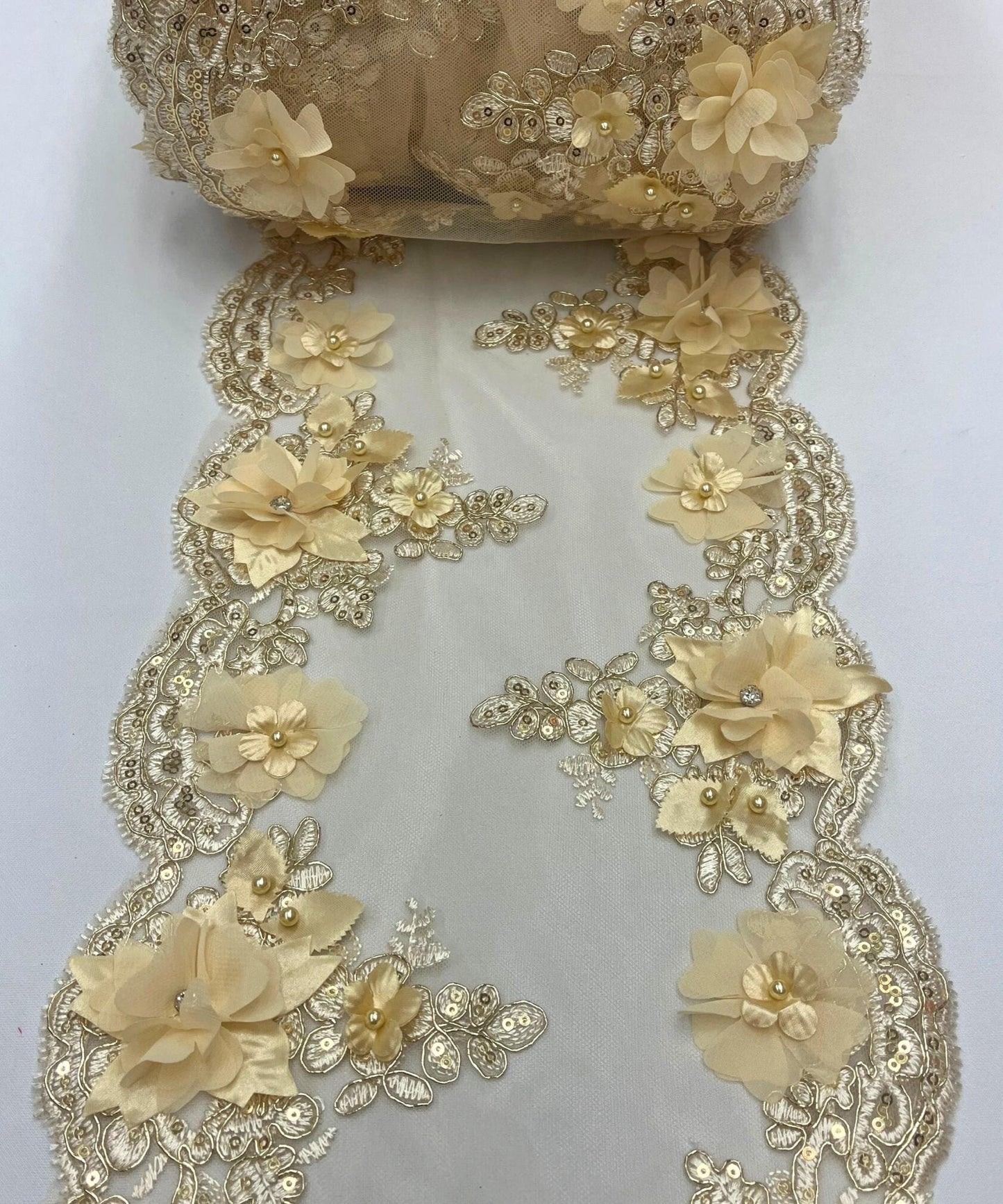 Champagne Beaded Lace Table Runner with Pearls and Sequins, 3D Embroideries on Lace Fabric, Trim Lace Embroidered Table Runner