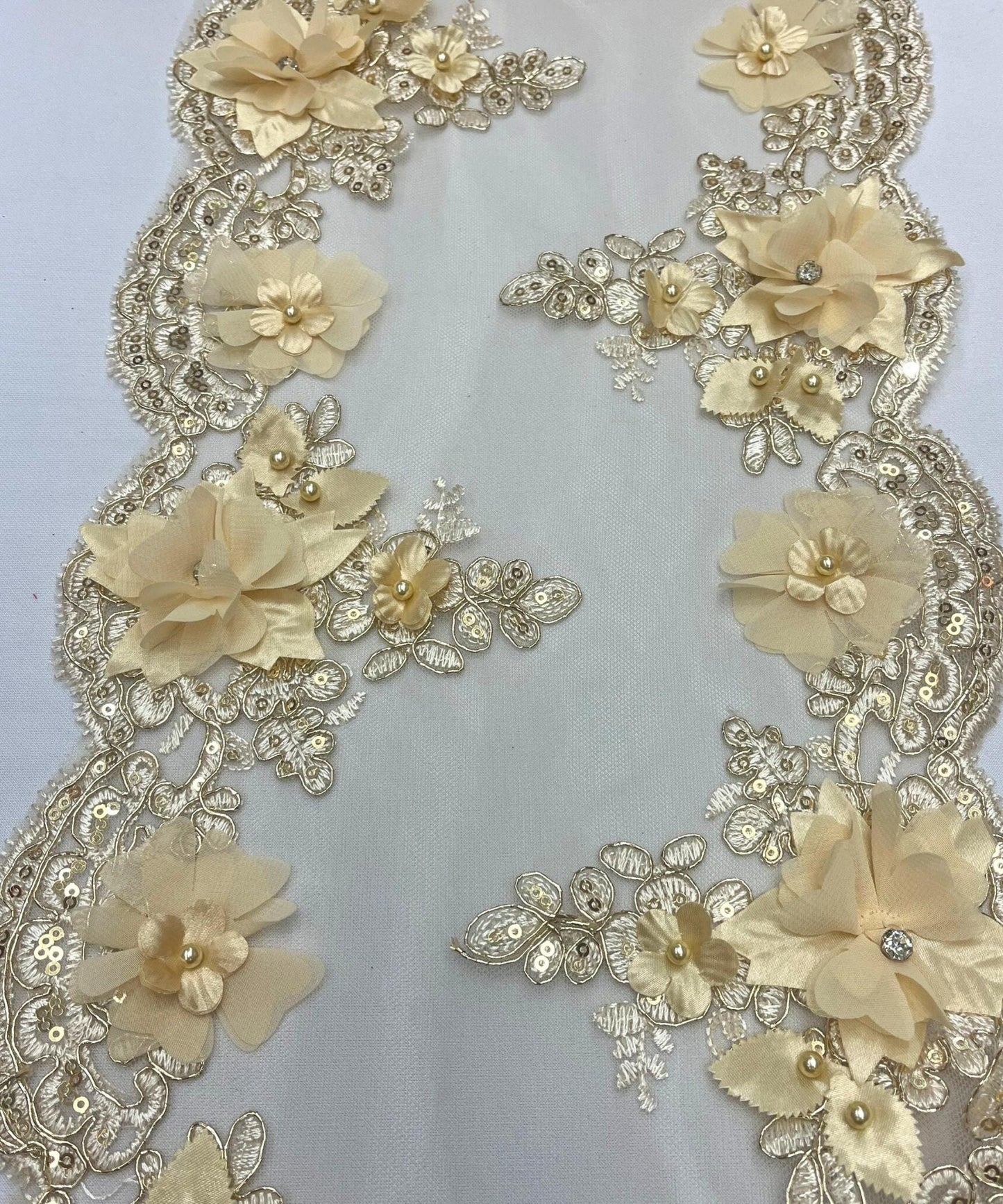 Champagne Floral Beaded Lace Table Runner
