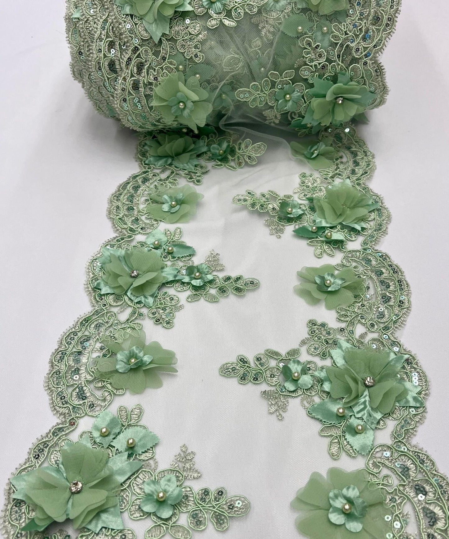 Sage Floral Beaded Lace Table Runner