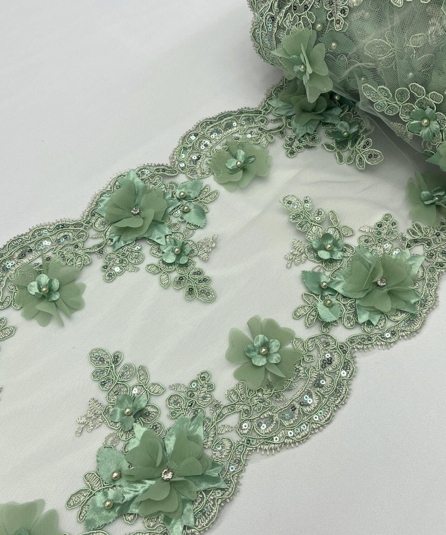 Sage Green Beaded Lace Table Runner with Pearls and Sequins, 3D Embroideries on Lace Fabric, Trim Lace Embroidered Table Runner
