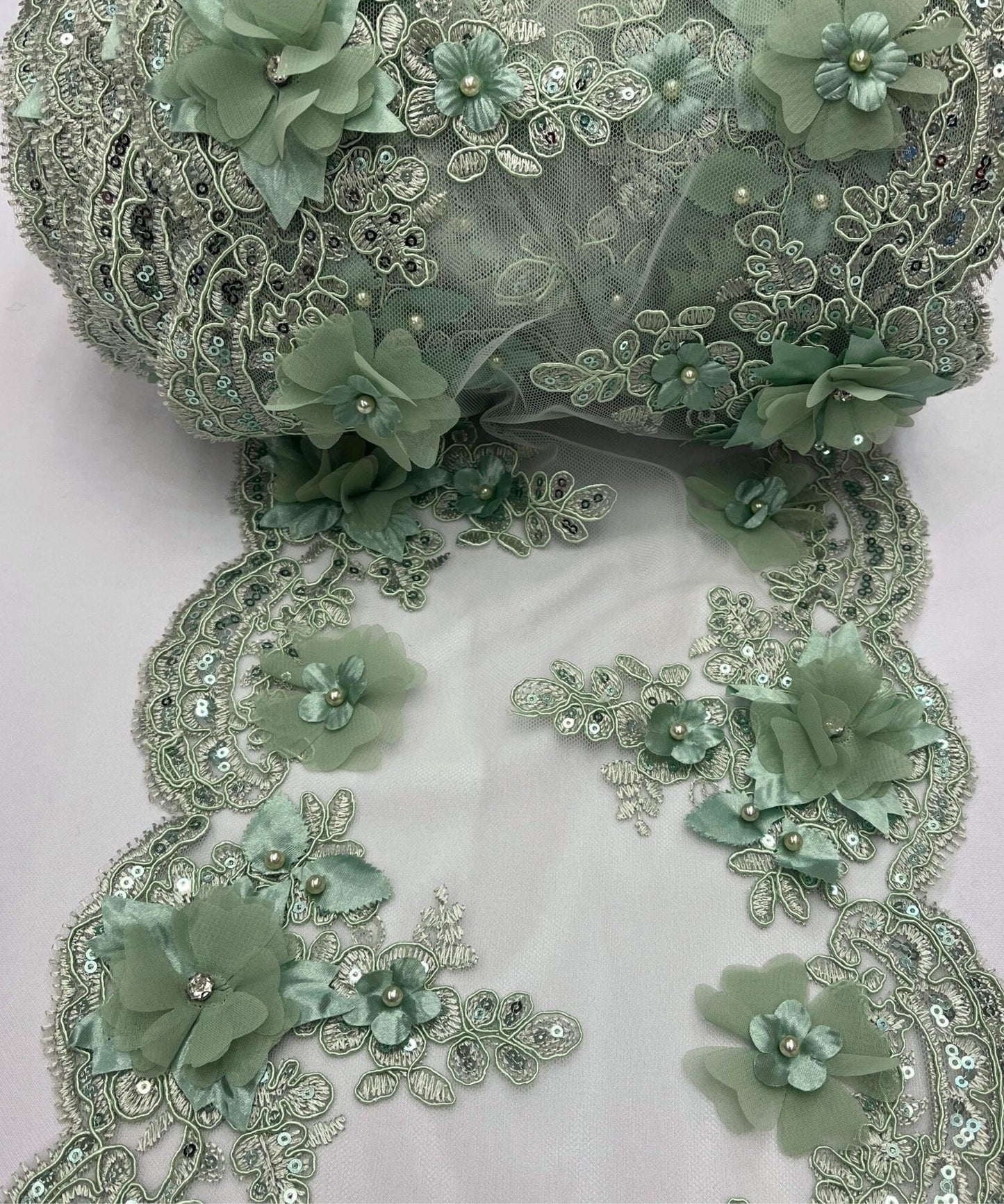 Sage Green Beaded Lace Table Runner with Pearls and Sequins, 3D Embroideries on Lace Fabric, Trim Lace Embroidered Table Runner