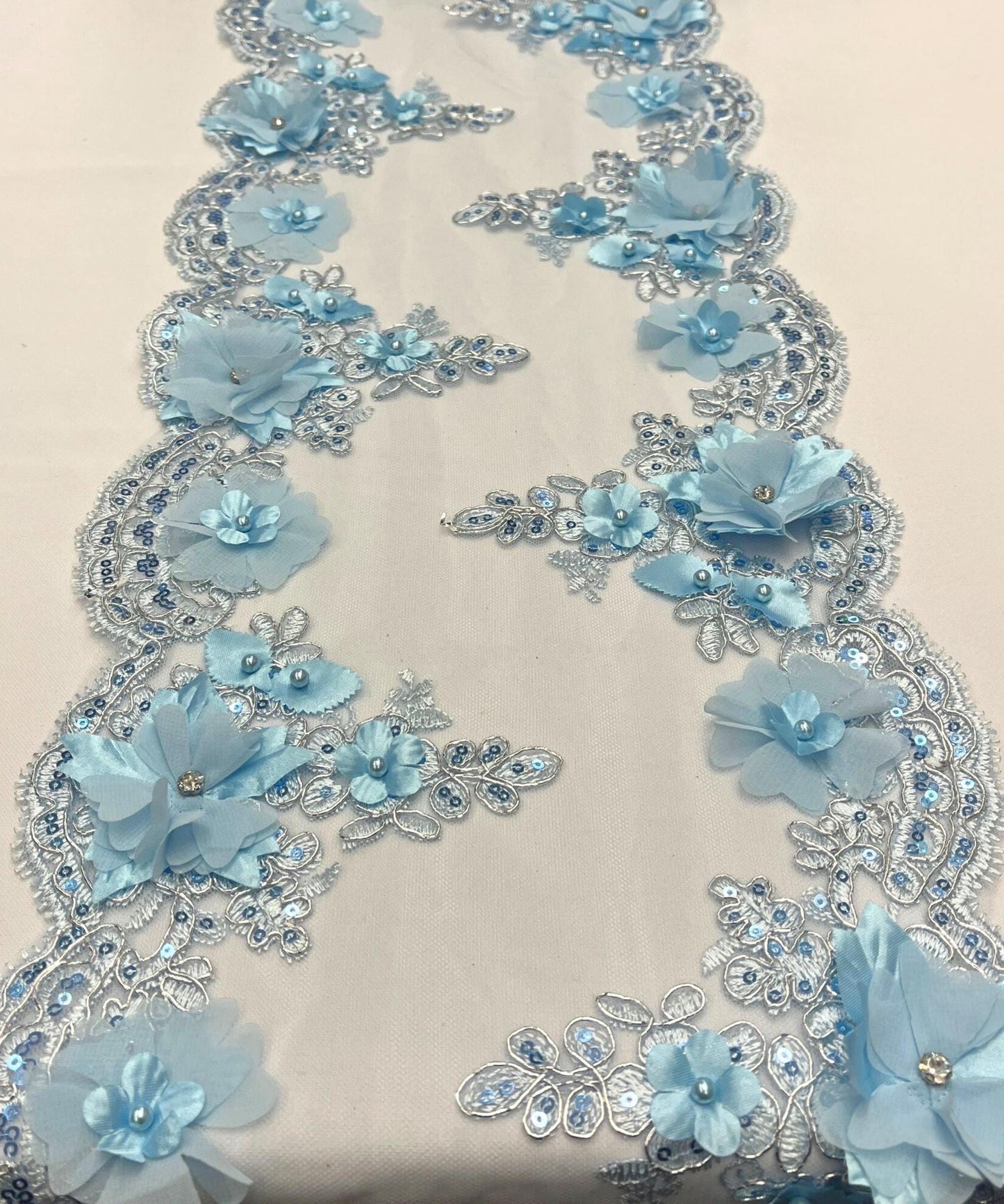 Baby Blue Beaded Lace Table Runner with Pearls and Sequins, 3D Embroideries on Lace Fabric, Trim Lace Embroidered Table Runner