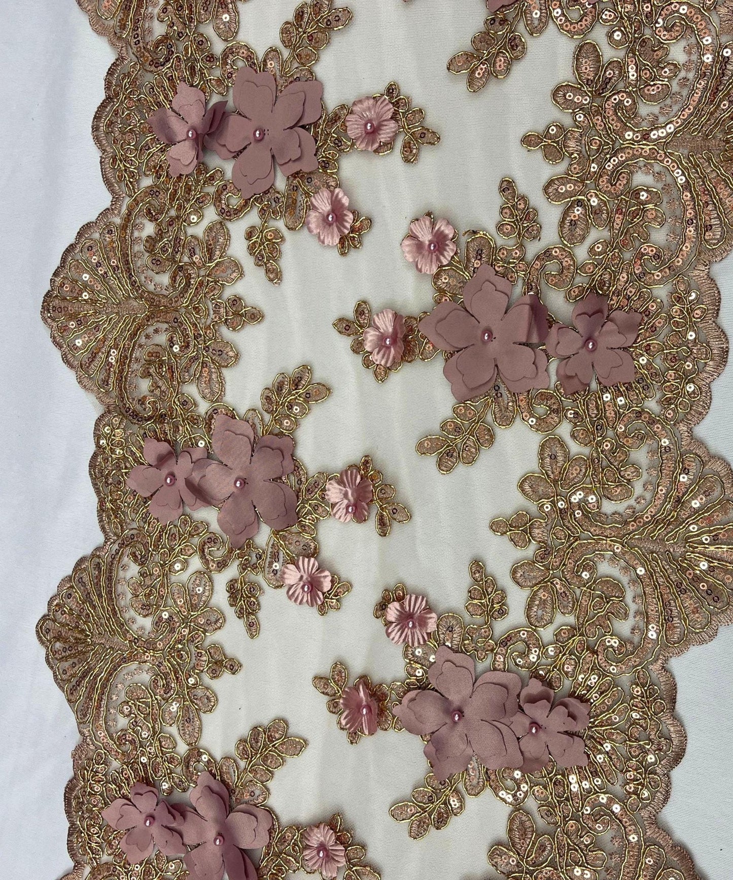Rose Gold Beaded Lace Table Runner with Pearls and Sequins, 3D Embroideries on Lace Fabric, Trim Lace Embroidered Table Runner