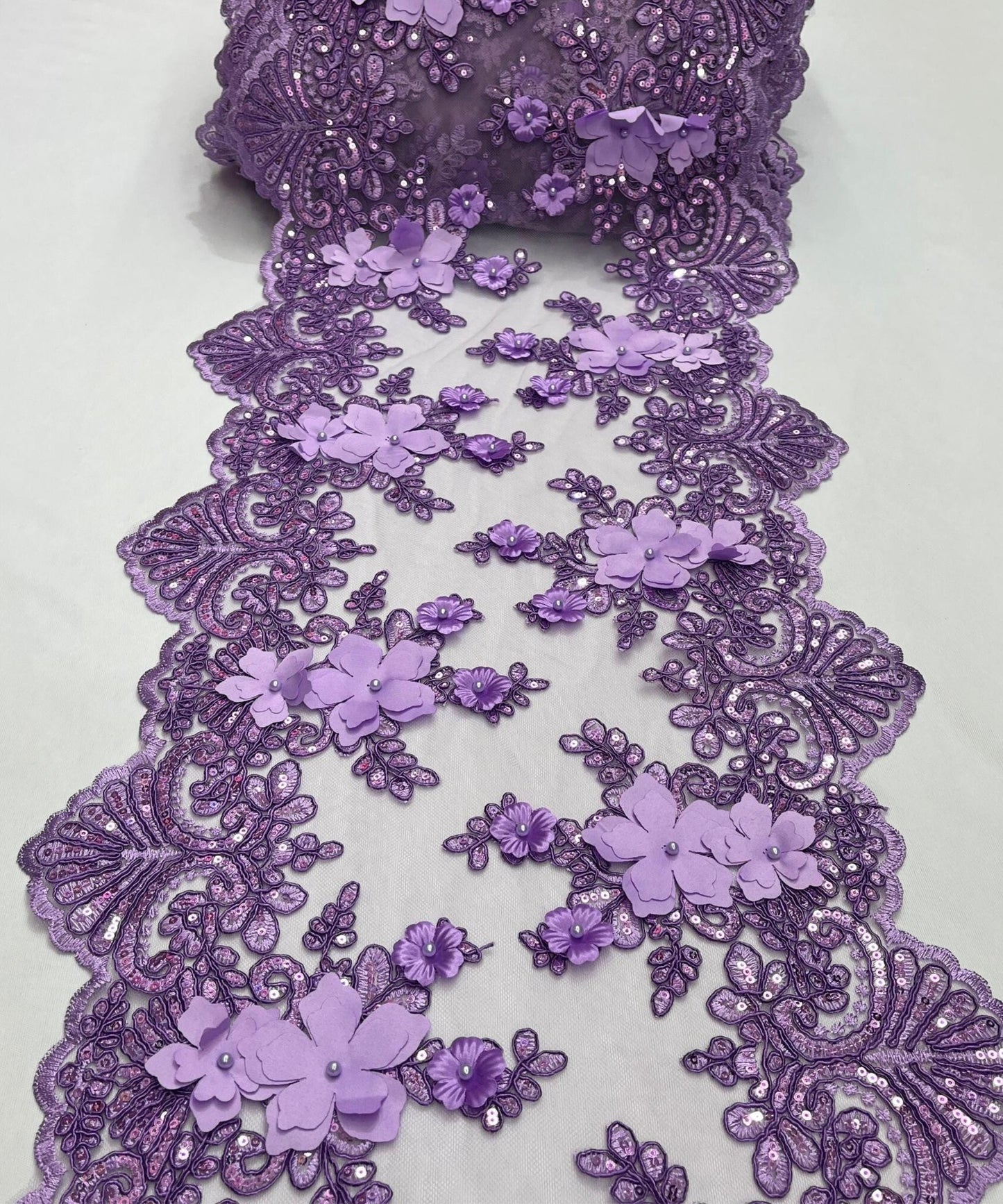 Lilac Beaded Lace Table Runner with Pearls and Sequins, 3D Embroideries on Lace Fabric, Trim Lace Embroidered Table Runner