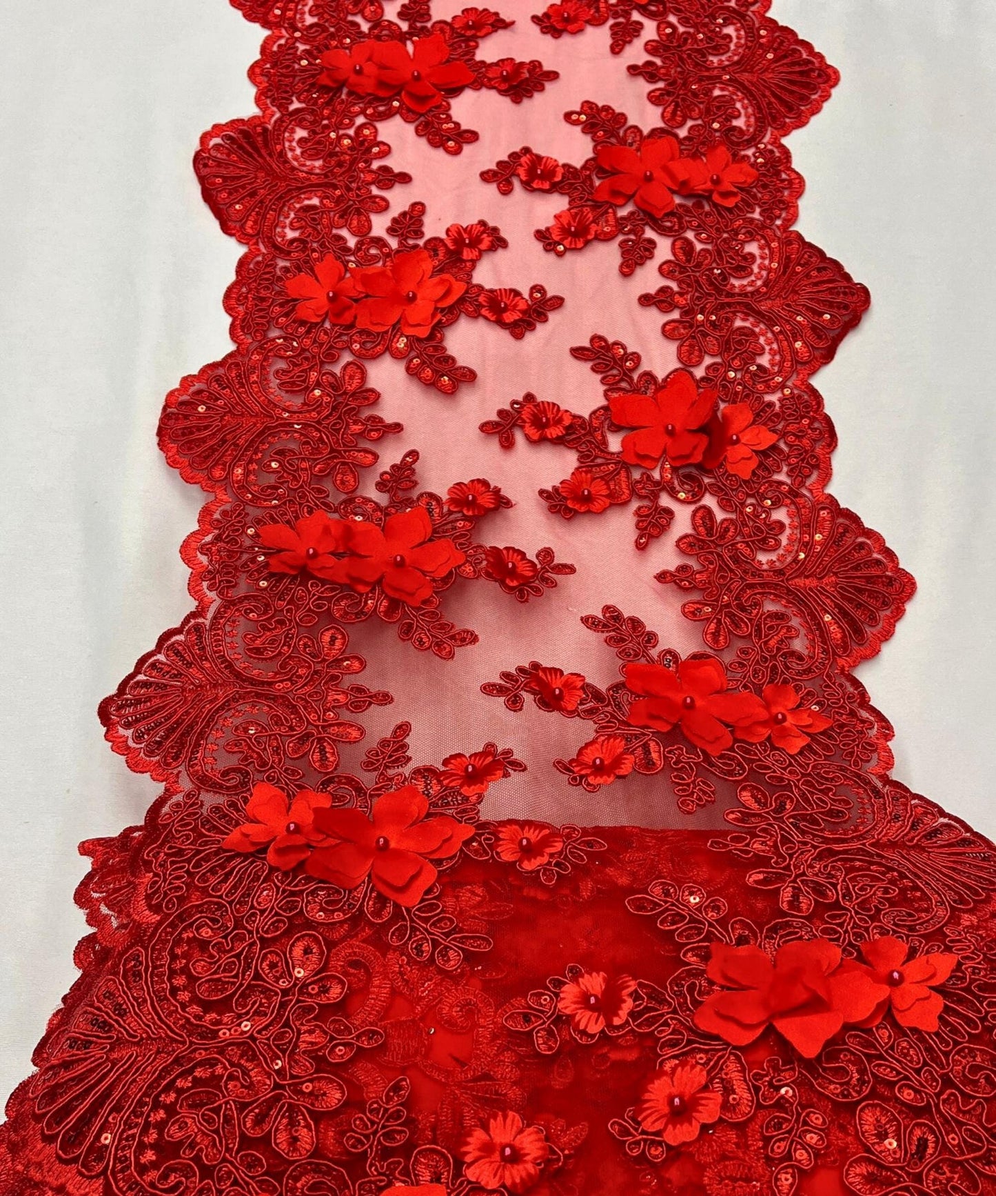 Red Beaded Lace Table Runner with Pearls and Sequins, 3D Embroideries on Lace Fabric, Trim Lace Embroidered Table Runner
