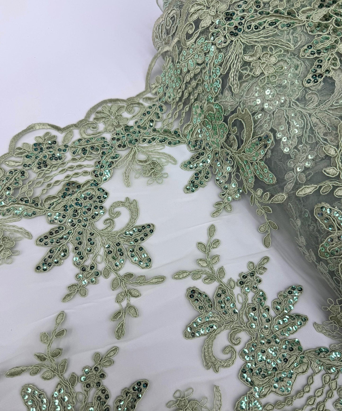 Sage Sequin Lace Fabric for Table Runner