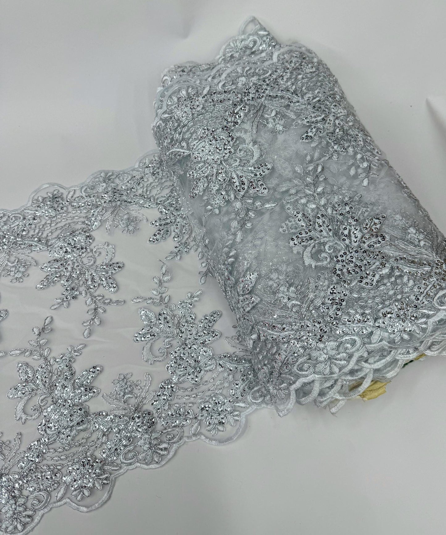 Silver Floral Lace Fabric for Table Runner, Sequins Embroidered Lace on Mesh Fabric, Trim Lace 14" Wide Silver Embroidered Table Runner