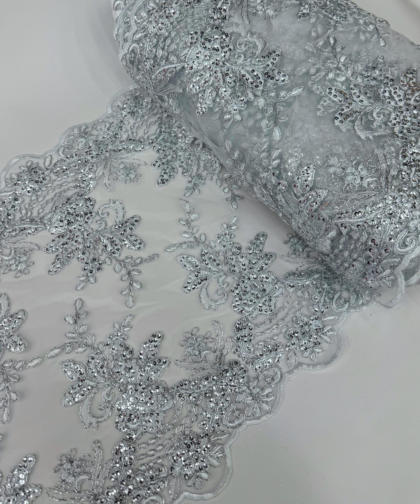 Silver Floral Lace Fabric for Table Runner, Sequins Embroidered Lace on Mesh Fabric, Trim Lace 14" Wide Silver Embroidered Table Runner