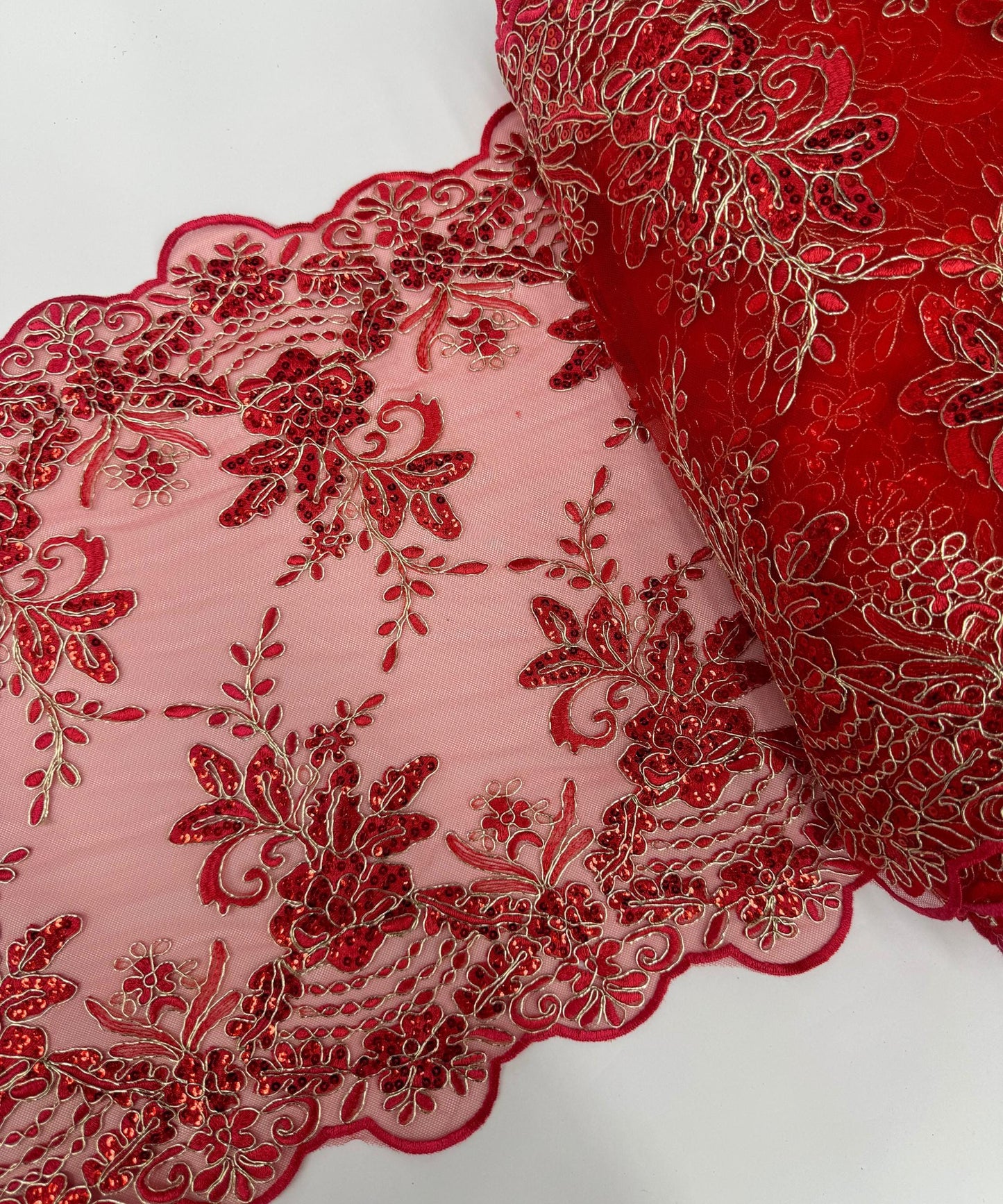 Red Lace Fabric for Table Runner, Sequins Embroidered Lace on Mesh Fabric, Trim Lace, 14" Wide Red Embroidered Scalloped Table Runner