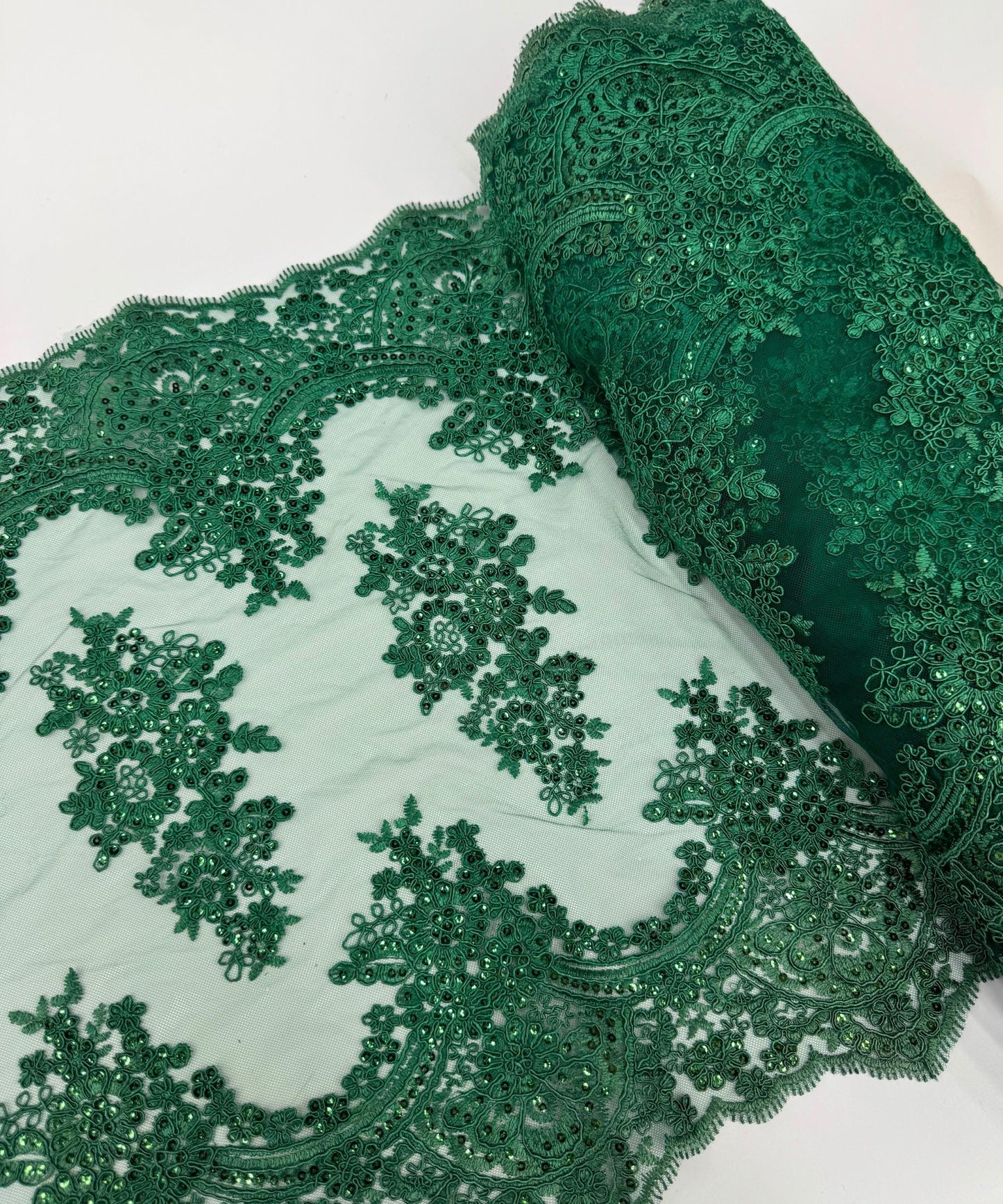 Hunter Green Sequin Lace Fabric for Table Runner