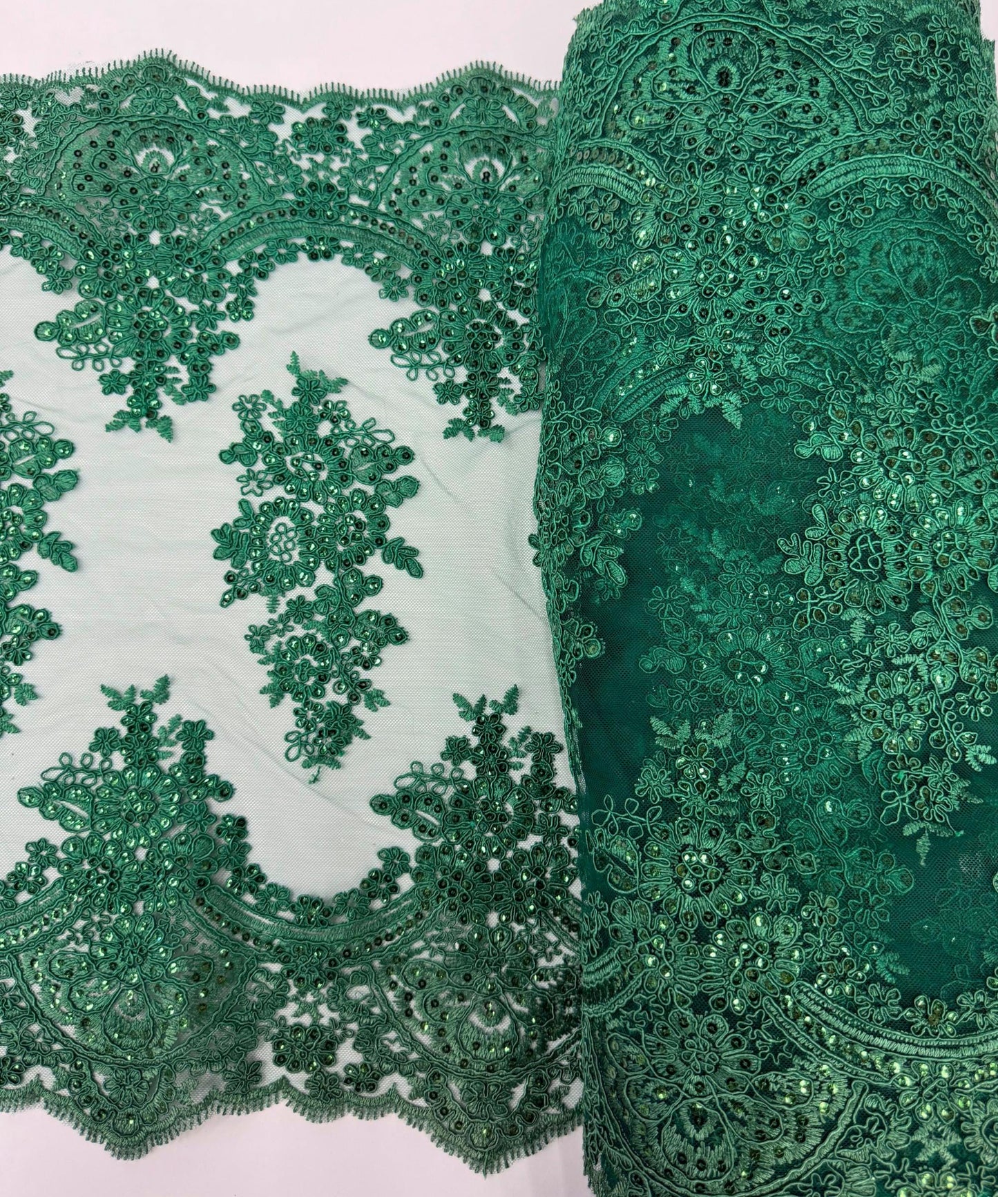 Hunter Green Sequin Lace Fabric for Table Runner