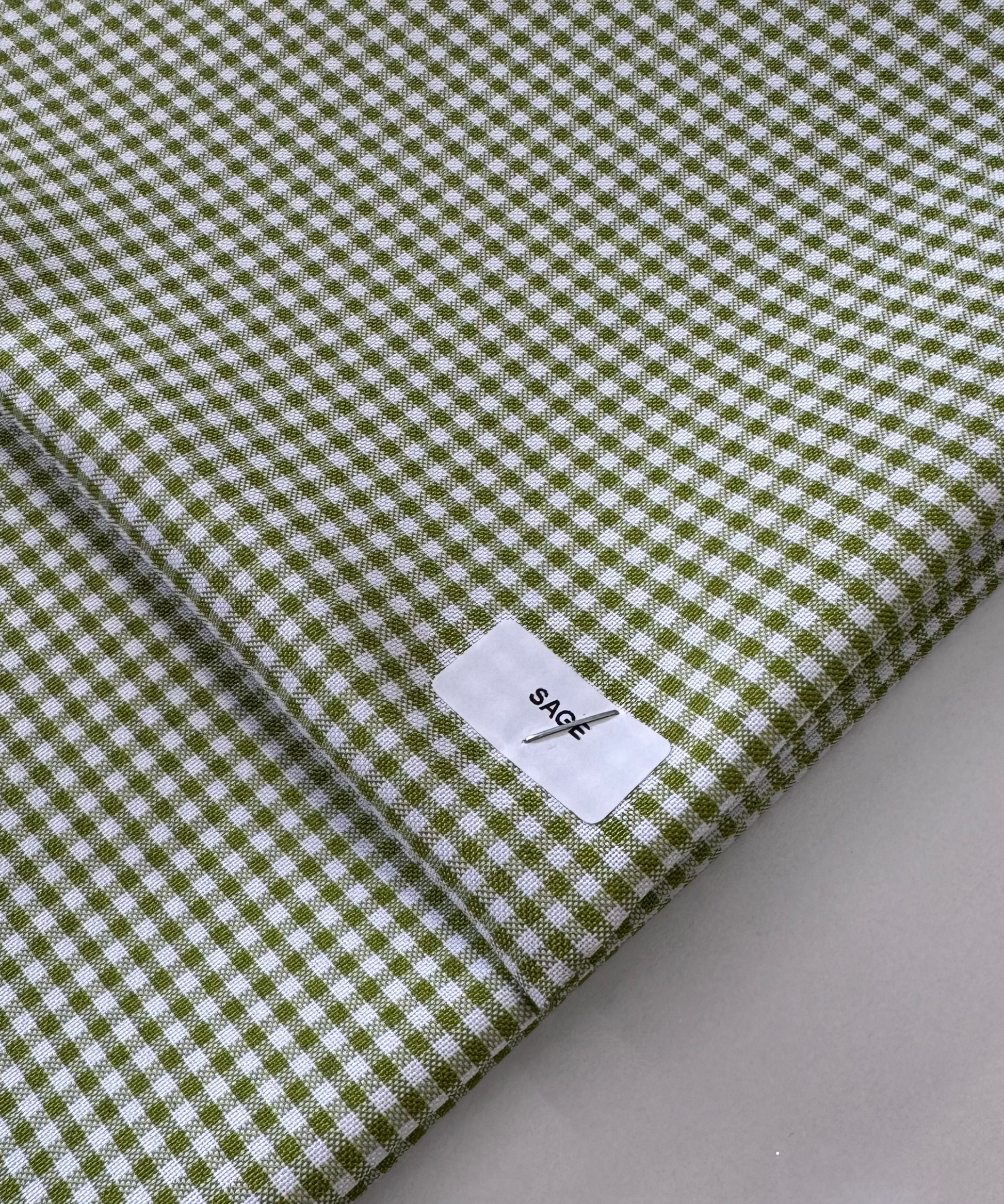 Green and white checkered fabric. Sage gingham fabric. 
