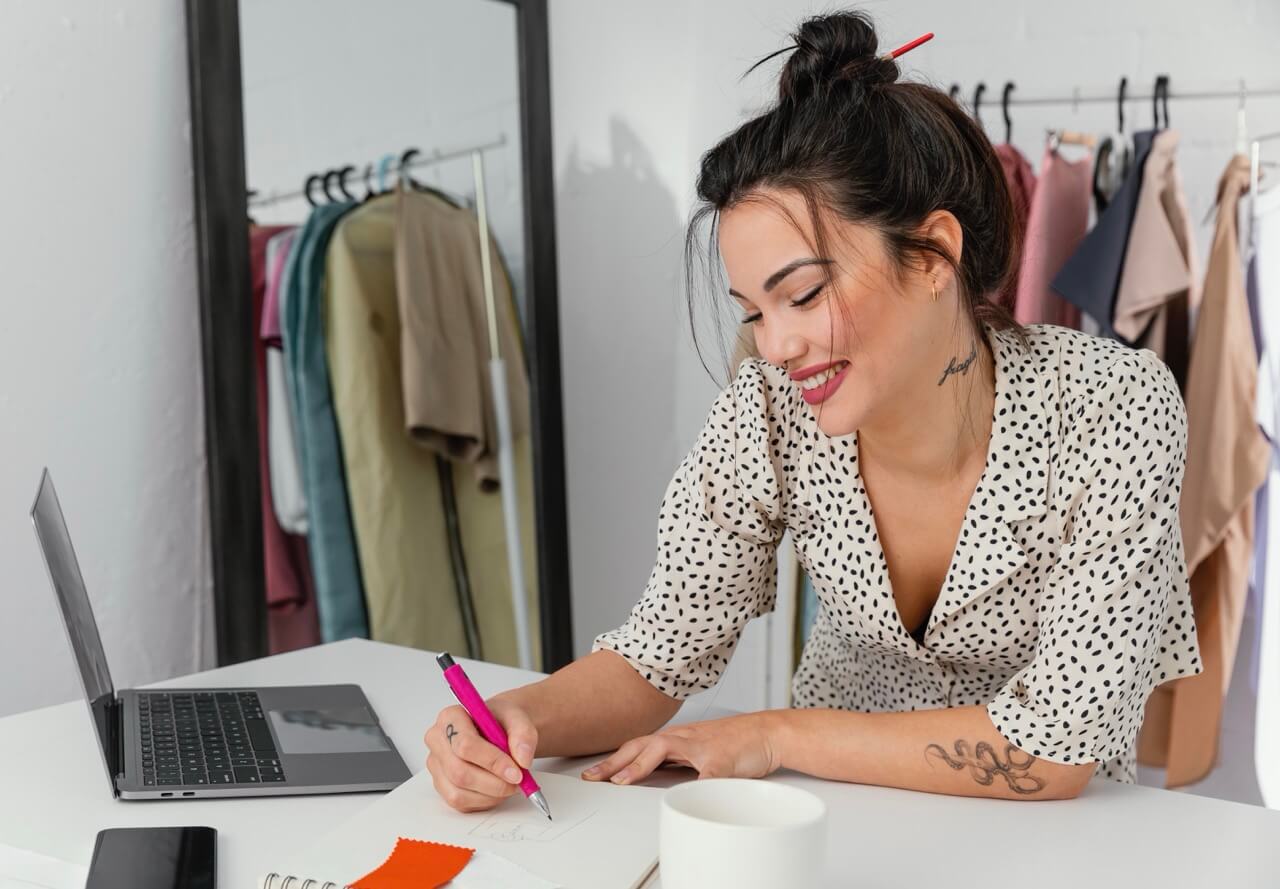 Woman sitting at a desk with a laptop and notebook, surrounded by clothing in a room.