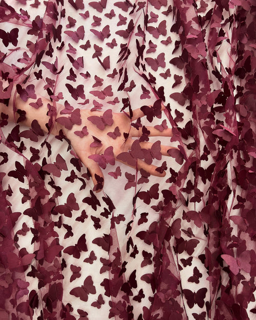 Burgundy 3D Butterfly Embroidery Tulle