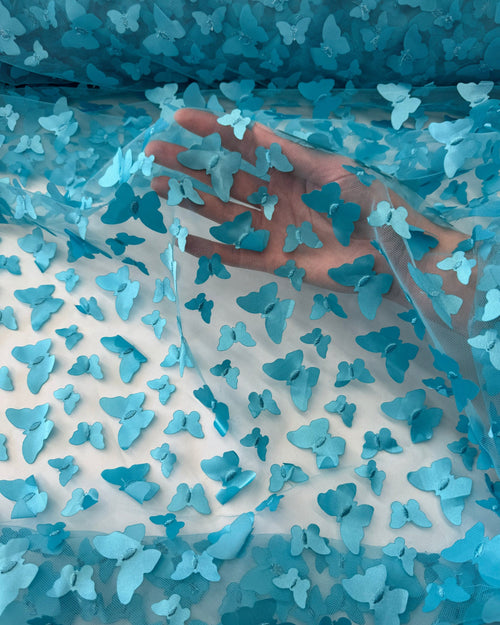 Turquoise 3D Butterfly Embroidery Tulle