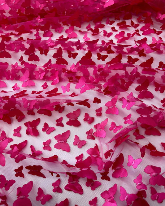 Fuchsia 3D Butterfly Embroidery Tulle