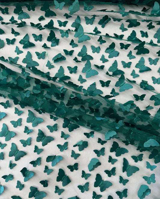 Emerald Green 3D Butterfly Embroidery Tulle