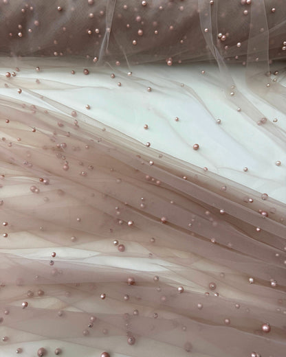 Nude Pearl Tulle Fabric, Rose Gold Tulle Lace Fabric with Pearls, 2-Way Stretch Pearl Beaded Tulle Fabric for Gowns, Bridal Veils, Costumes